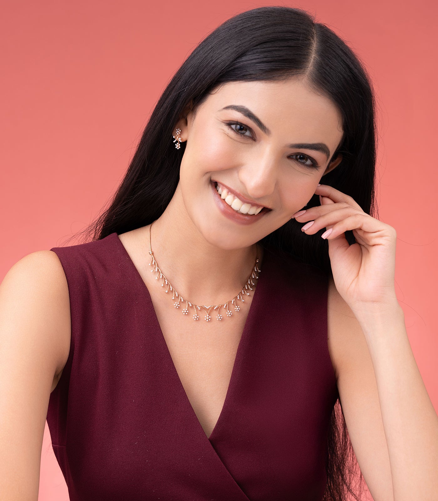 Diamond Floral Garland Necklace Set- Earrings