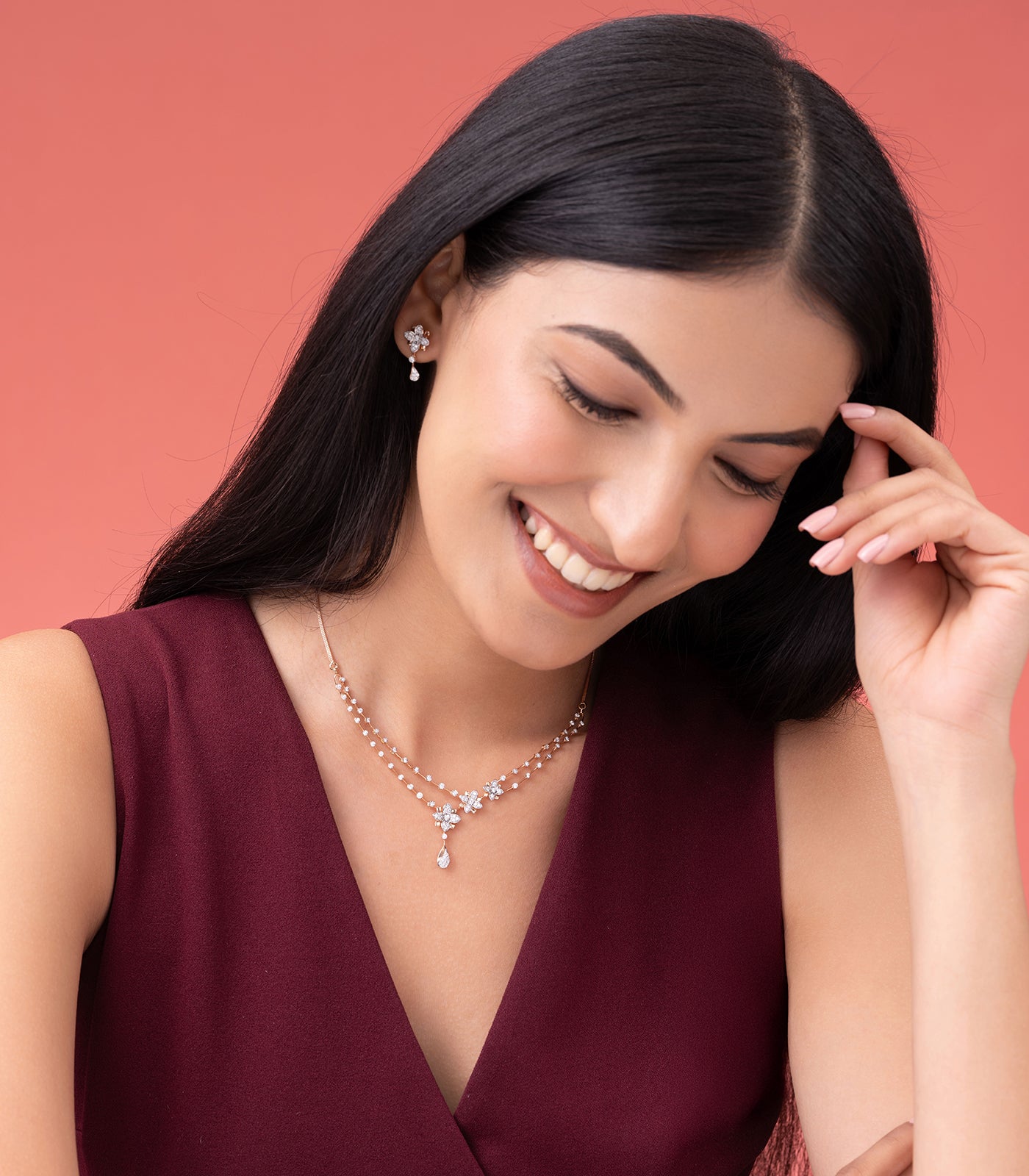 Diamond Double Layered Floral Necklace Set