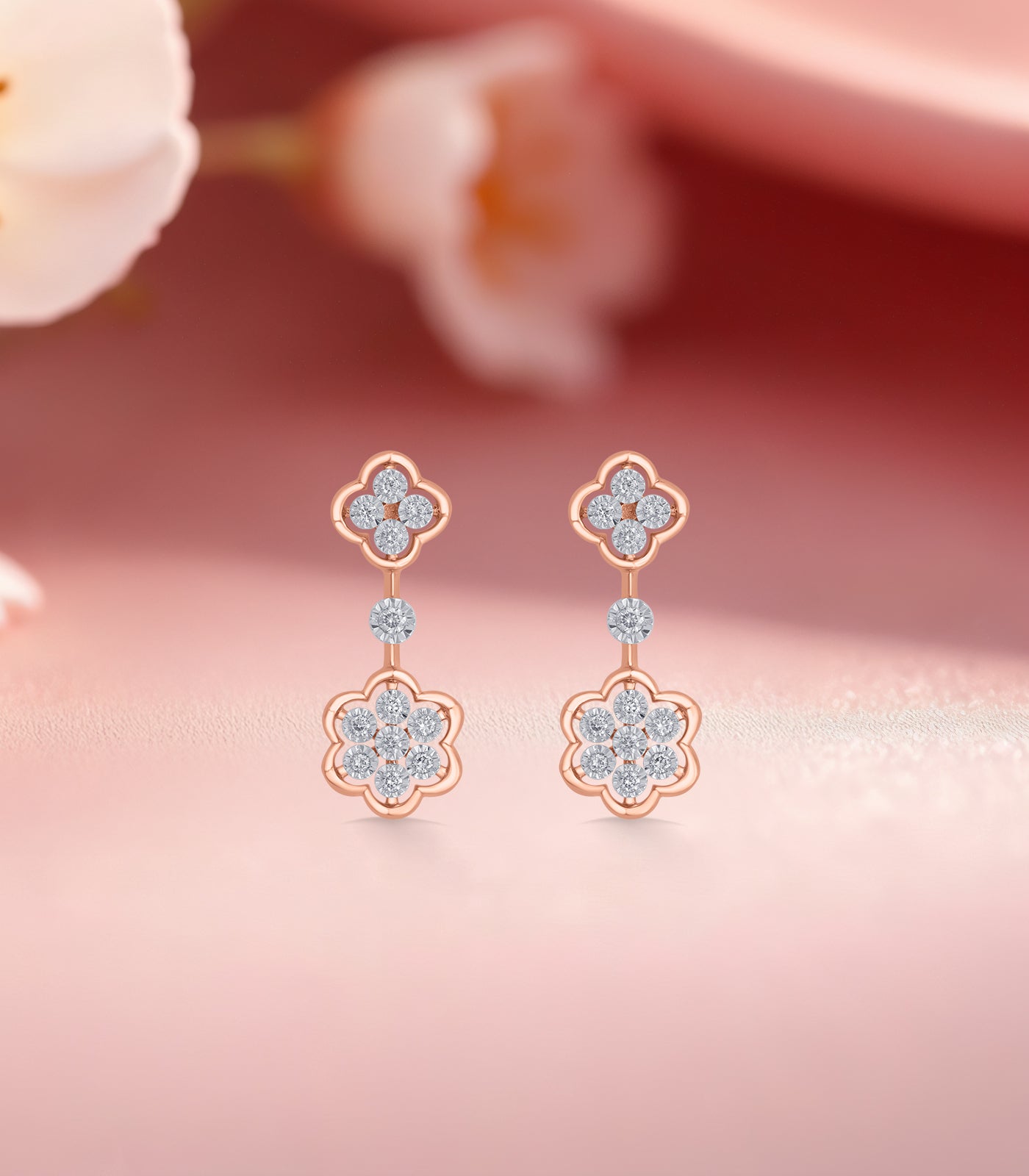 Diamond Link Of Flowers Necklace Set- Earrings