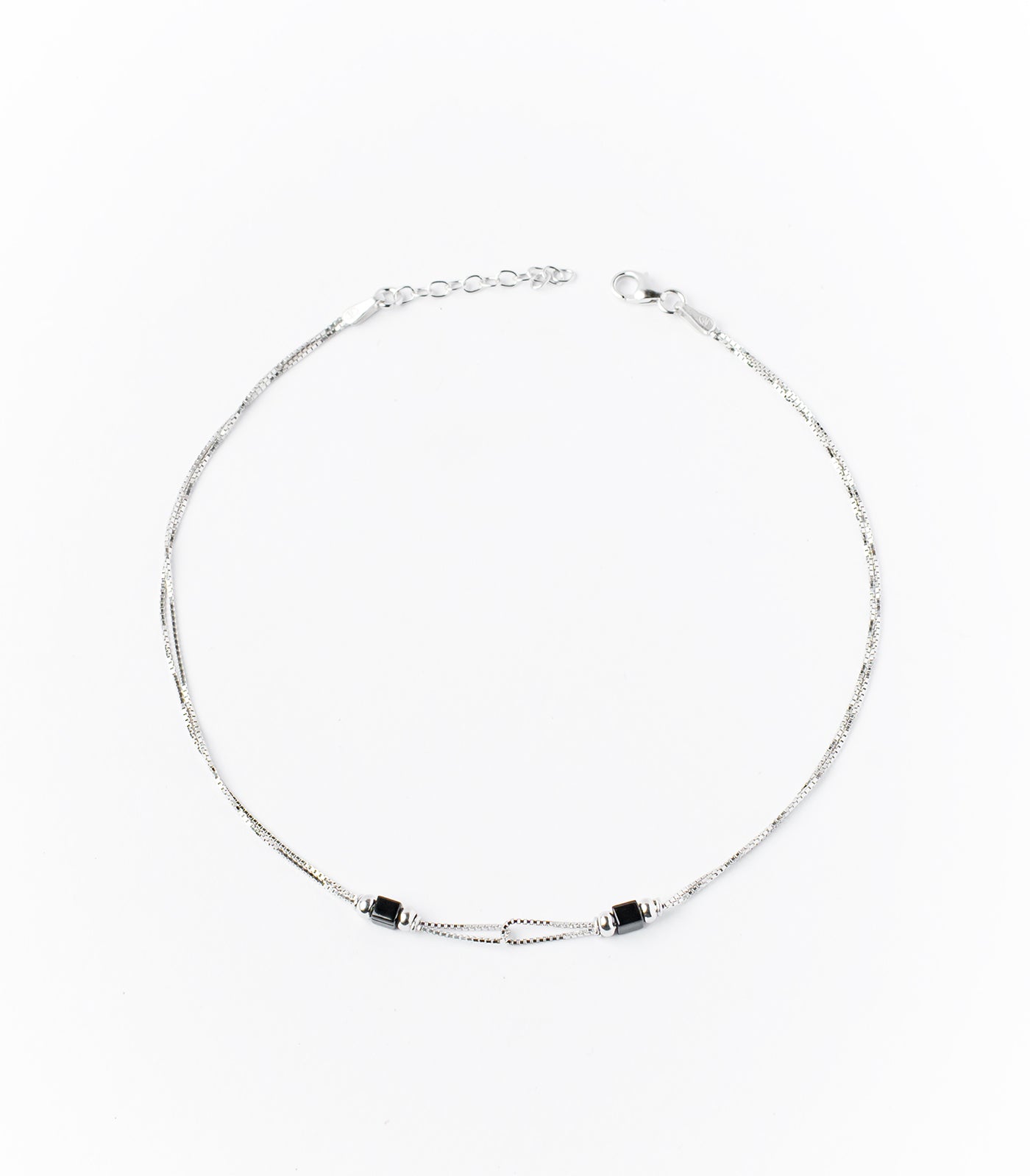 Dual Black Beads Anklet (Silver)