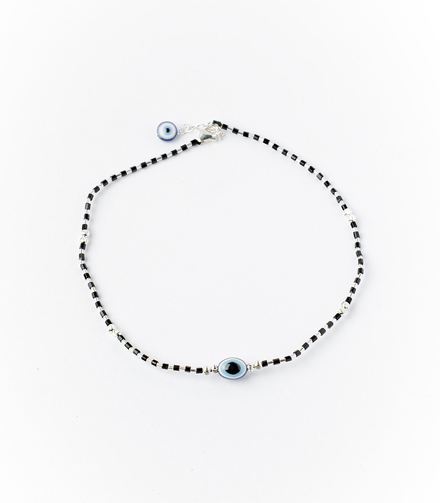 Black Beads Evil Eye Anklet (Silver)