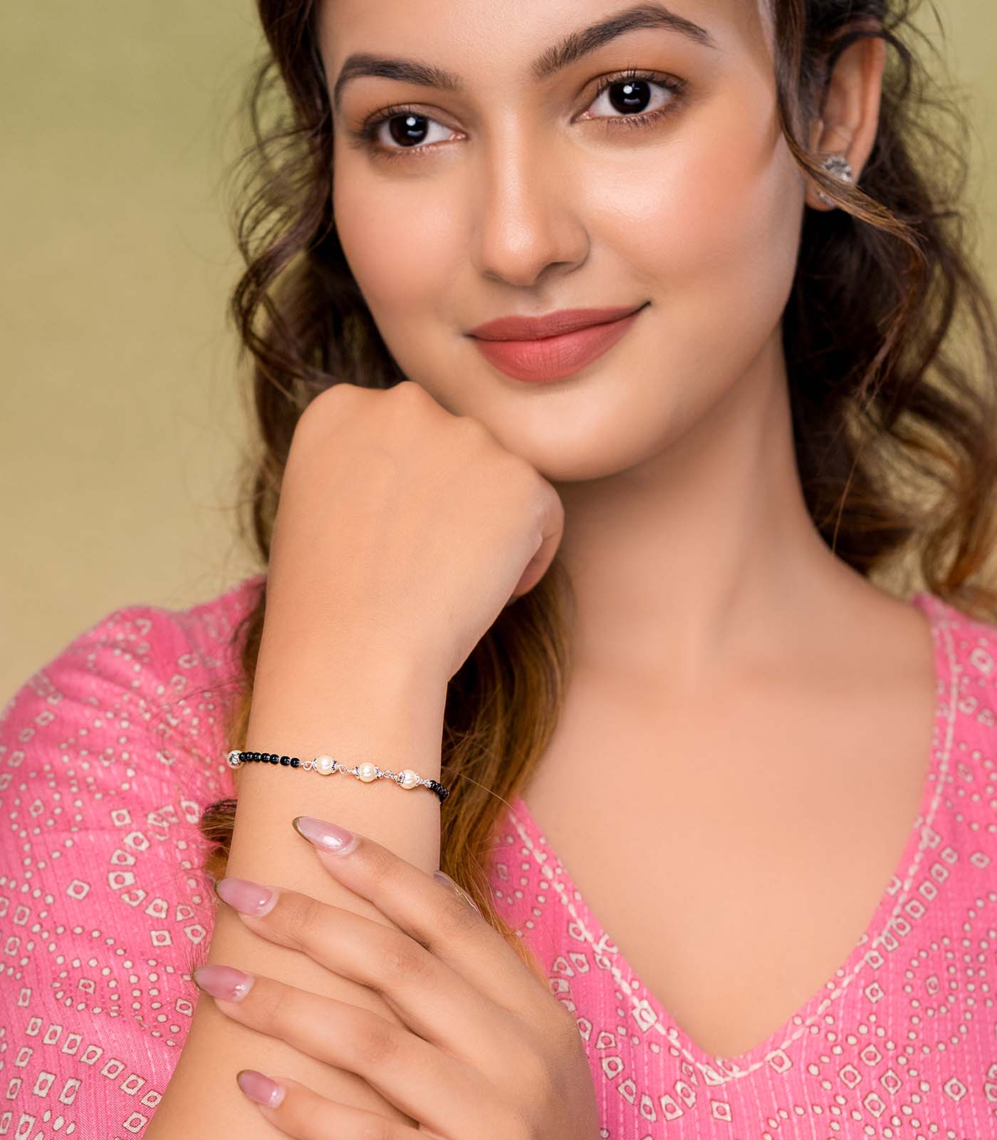 Three and Two Pearls Silver Mangalsutra Bracelet
