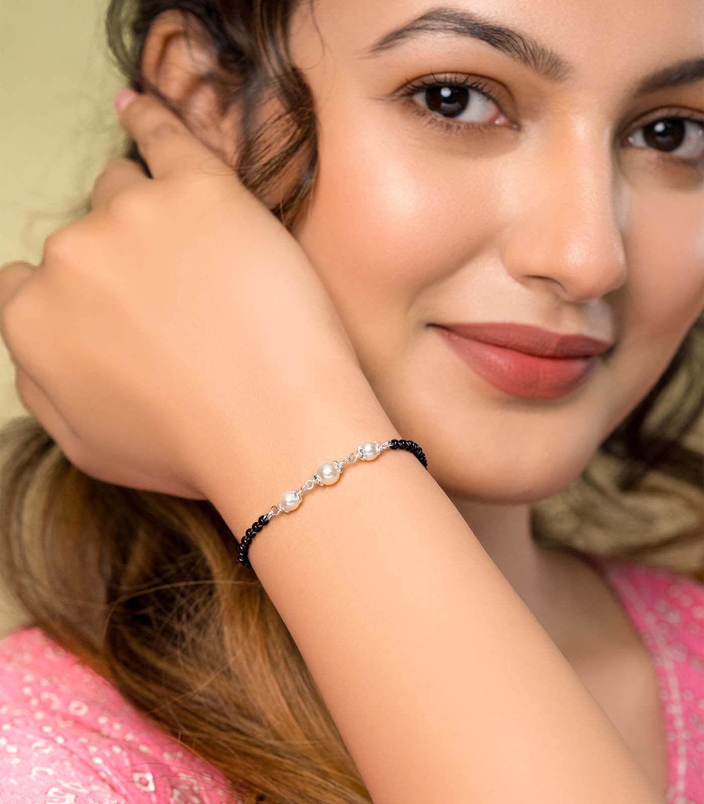 Continuous Triple Pearl Mangalsutra Bracelet (Silver)