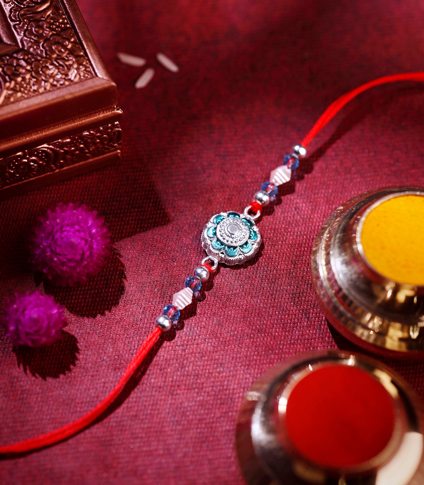 Beautiful Silver Rakhi - Aqua Blue Stone Design