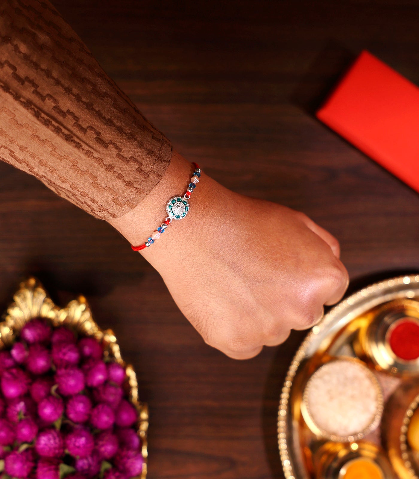 Beautiful Silver Rakhi - Aqua Blue Stone Design