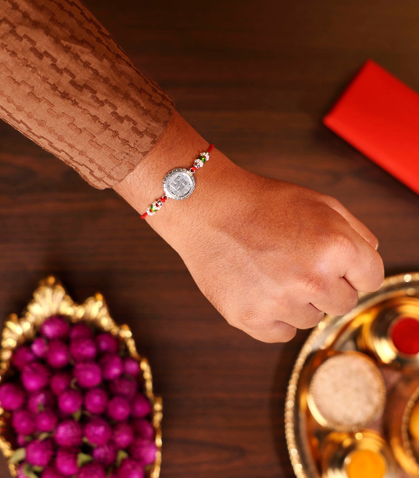Beautiful Silver Rakhi - Swastik Engraved Design