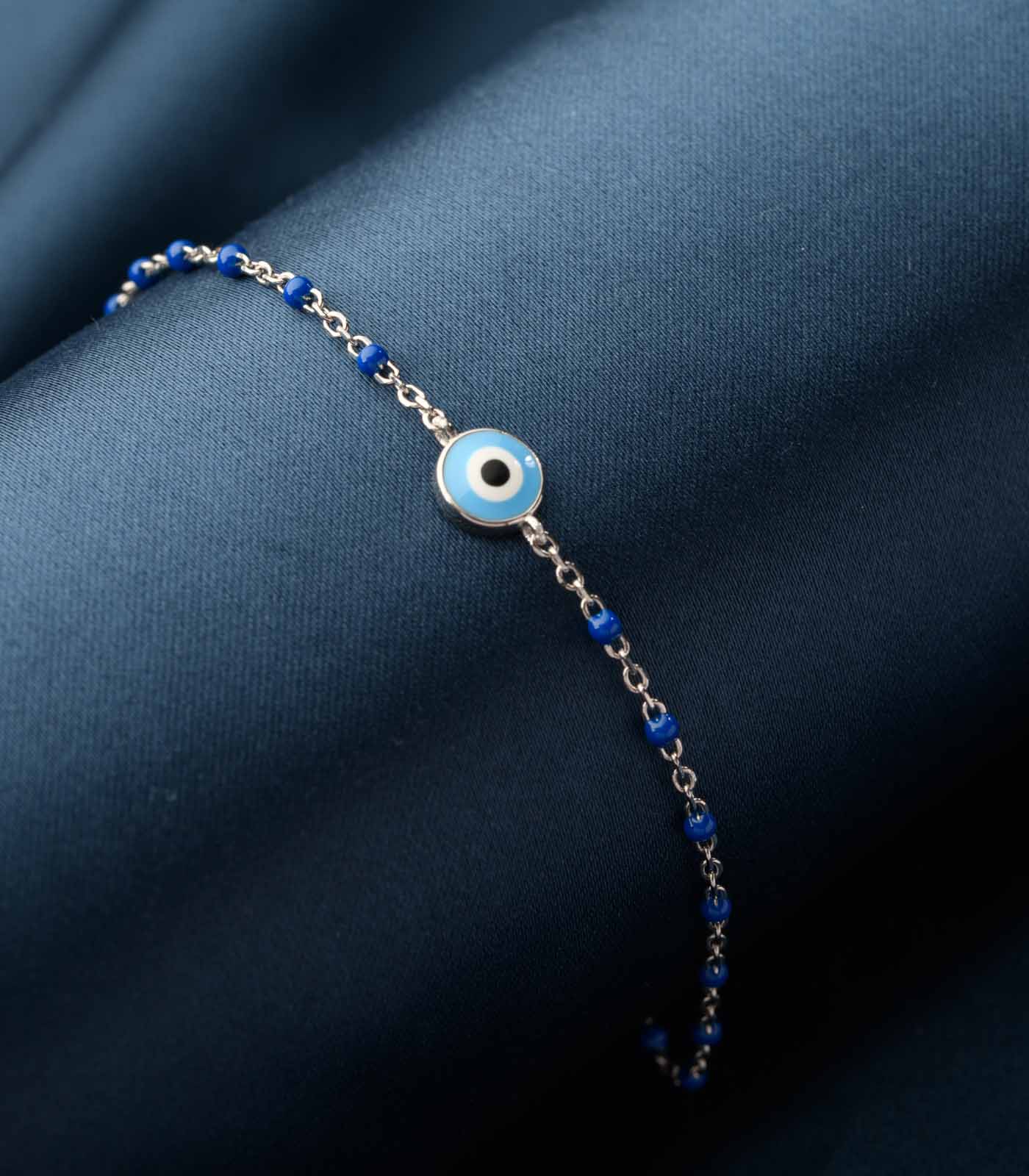 Blue Enamel Evil Eye Beaded Bracelet (Silver)