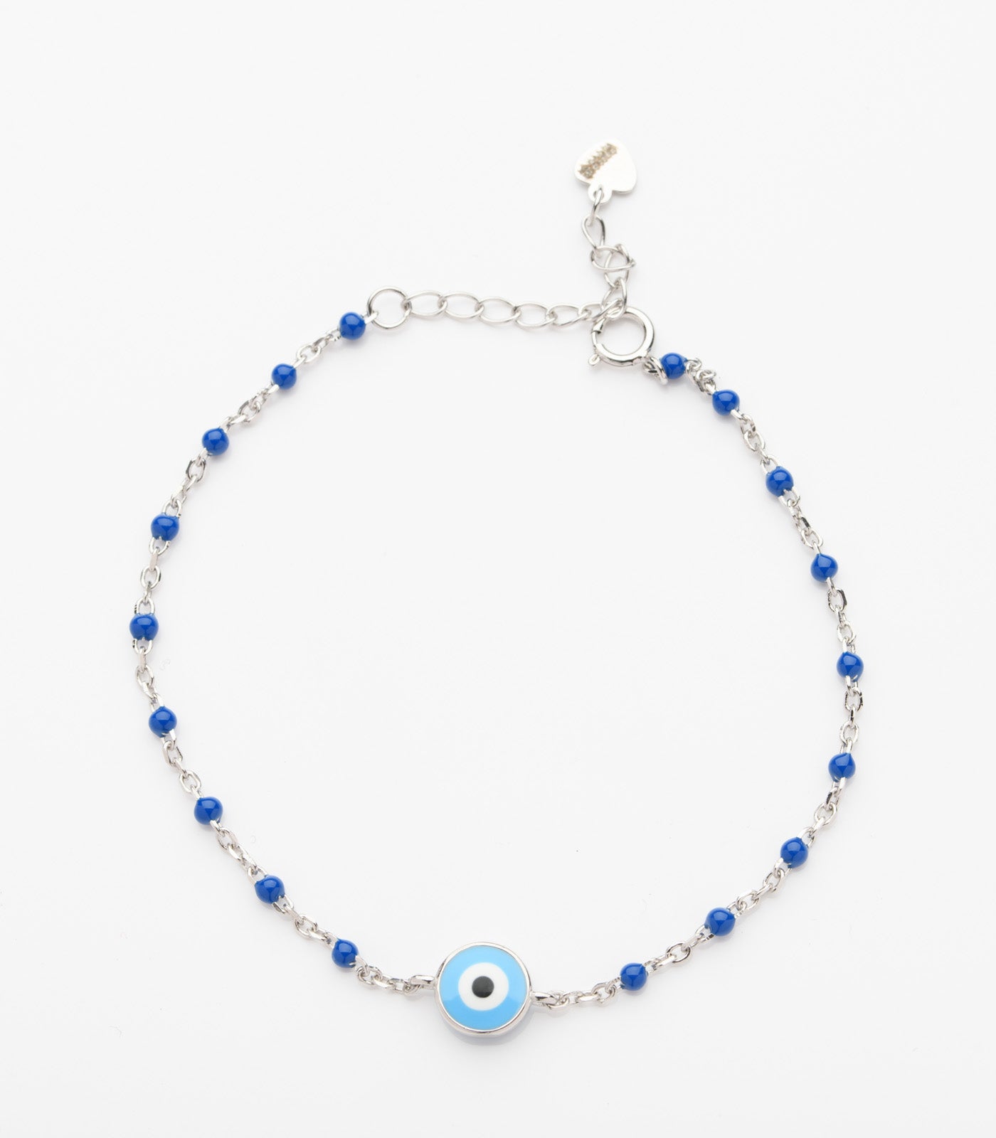 Blue Enamel Evil Eye Beaded Bracelet (Silver)
