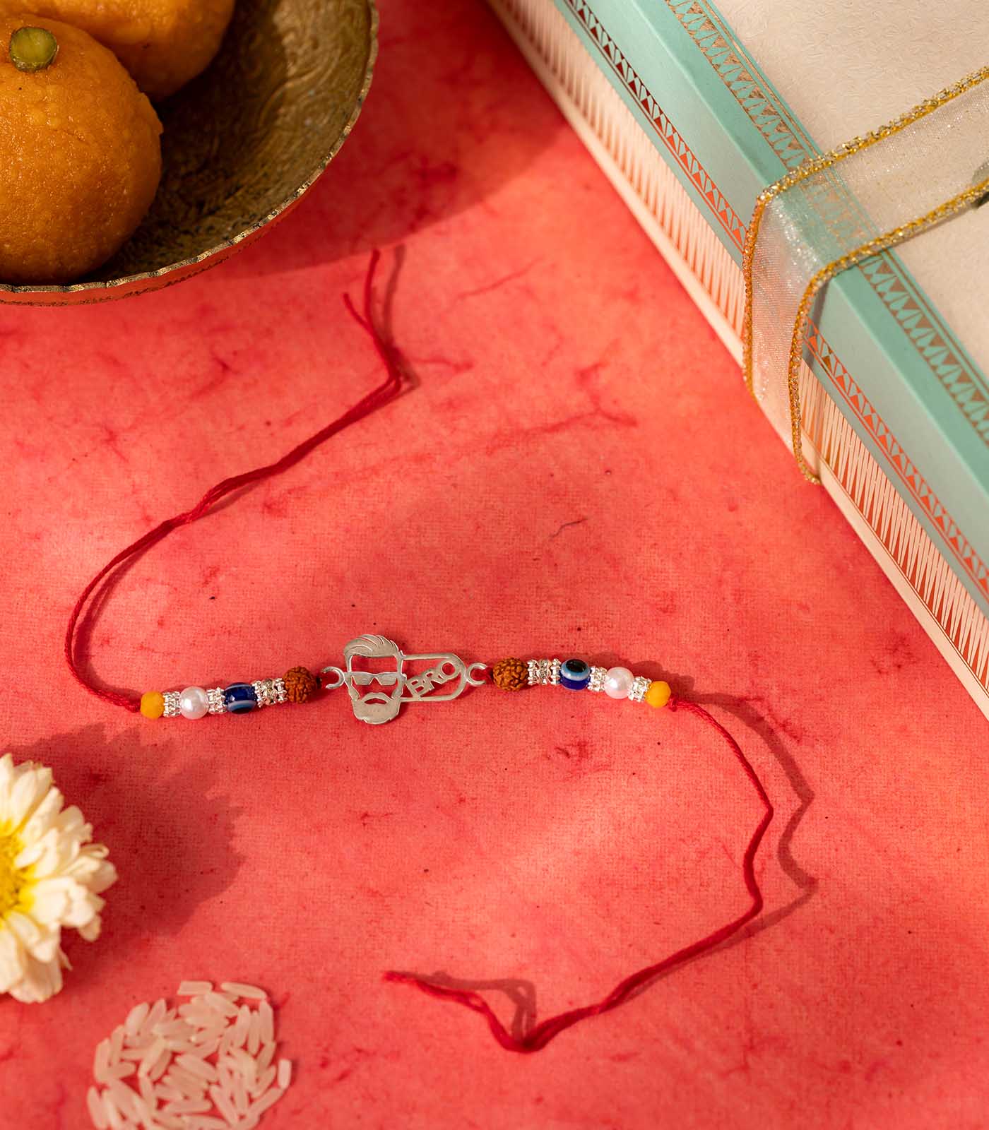 Silver Rudraksh Rakhi - Bro Text Design