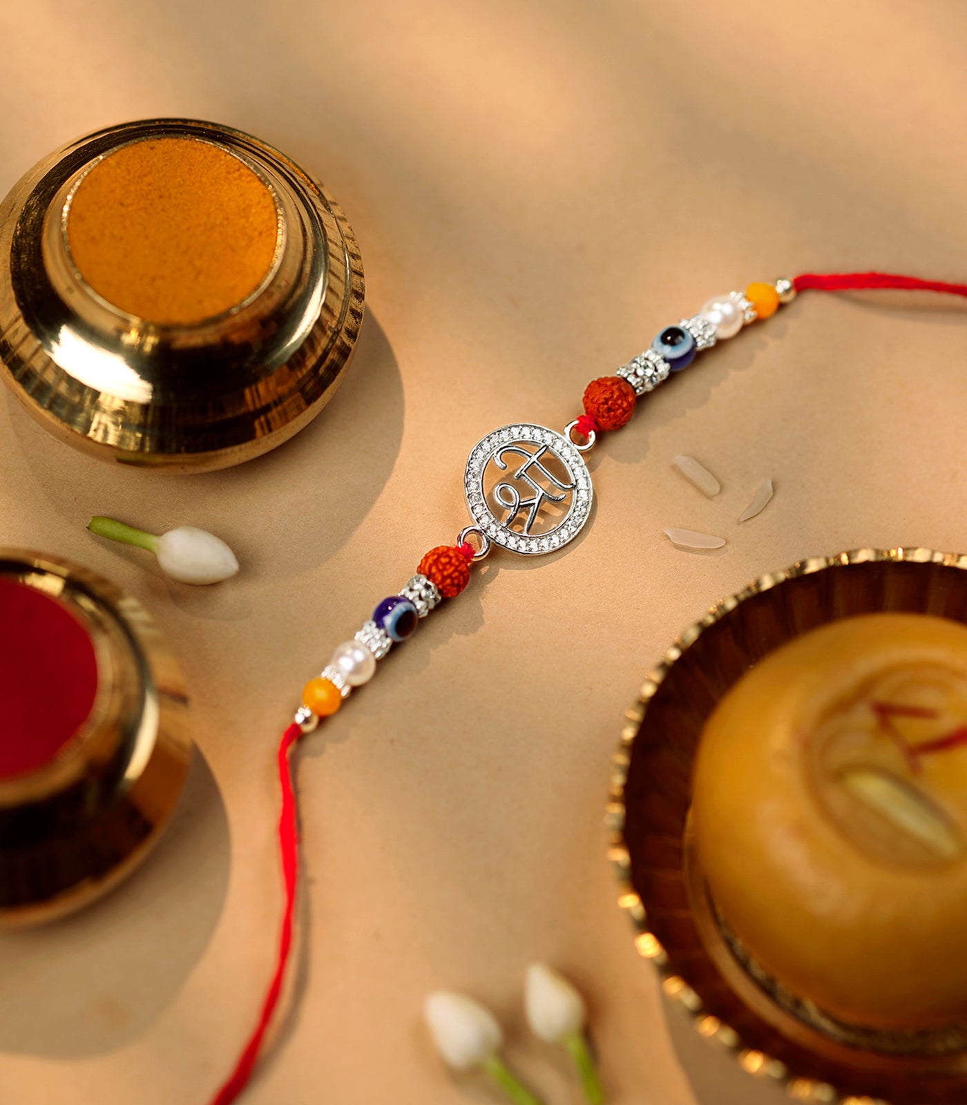 Silver Rudraksh Rakhi - Shri Text Design