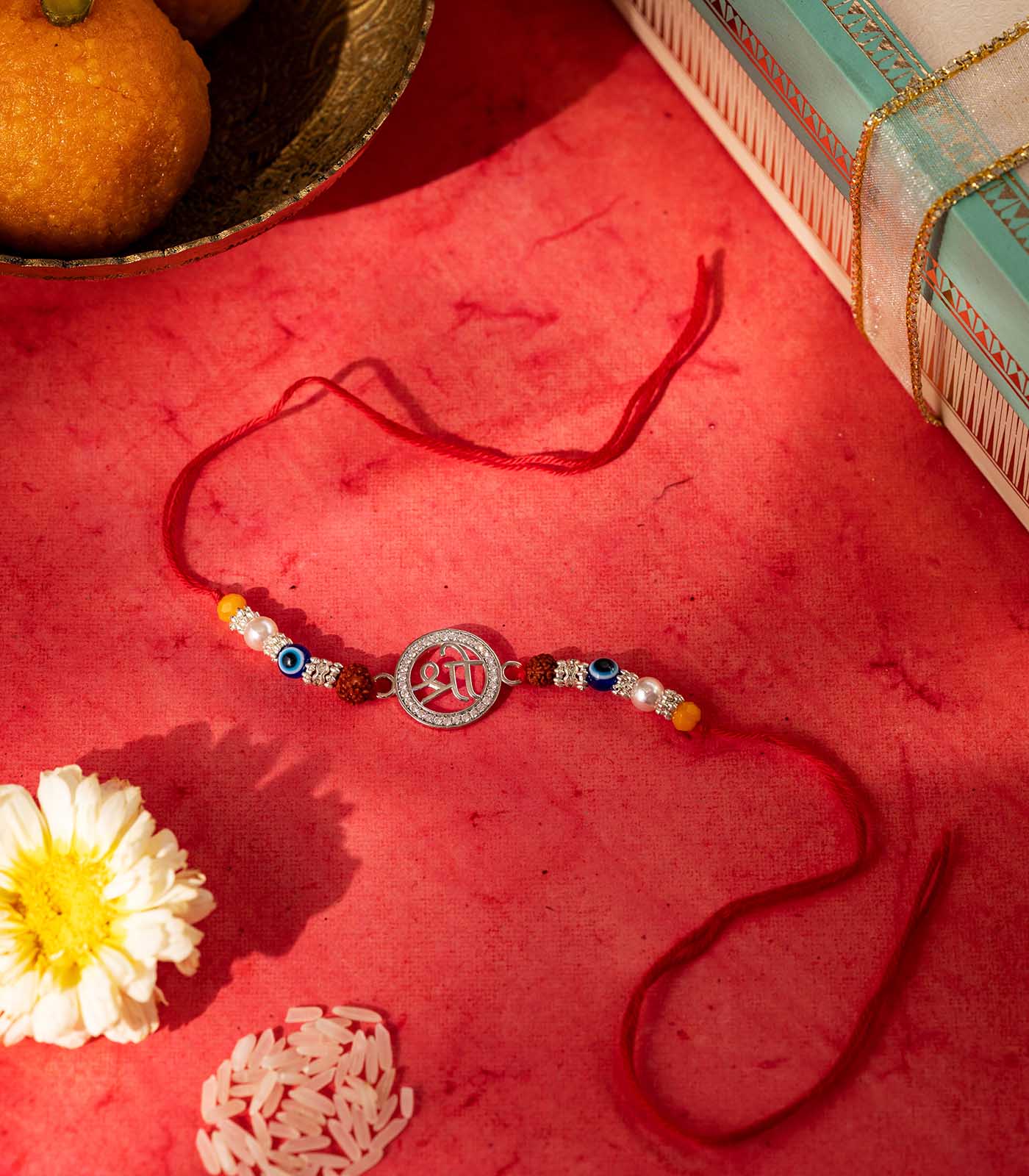 Silver Rudraksh Rakhi - Shri Text Design