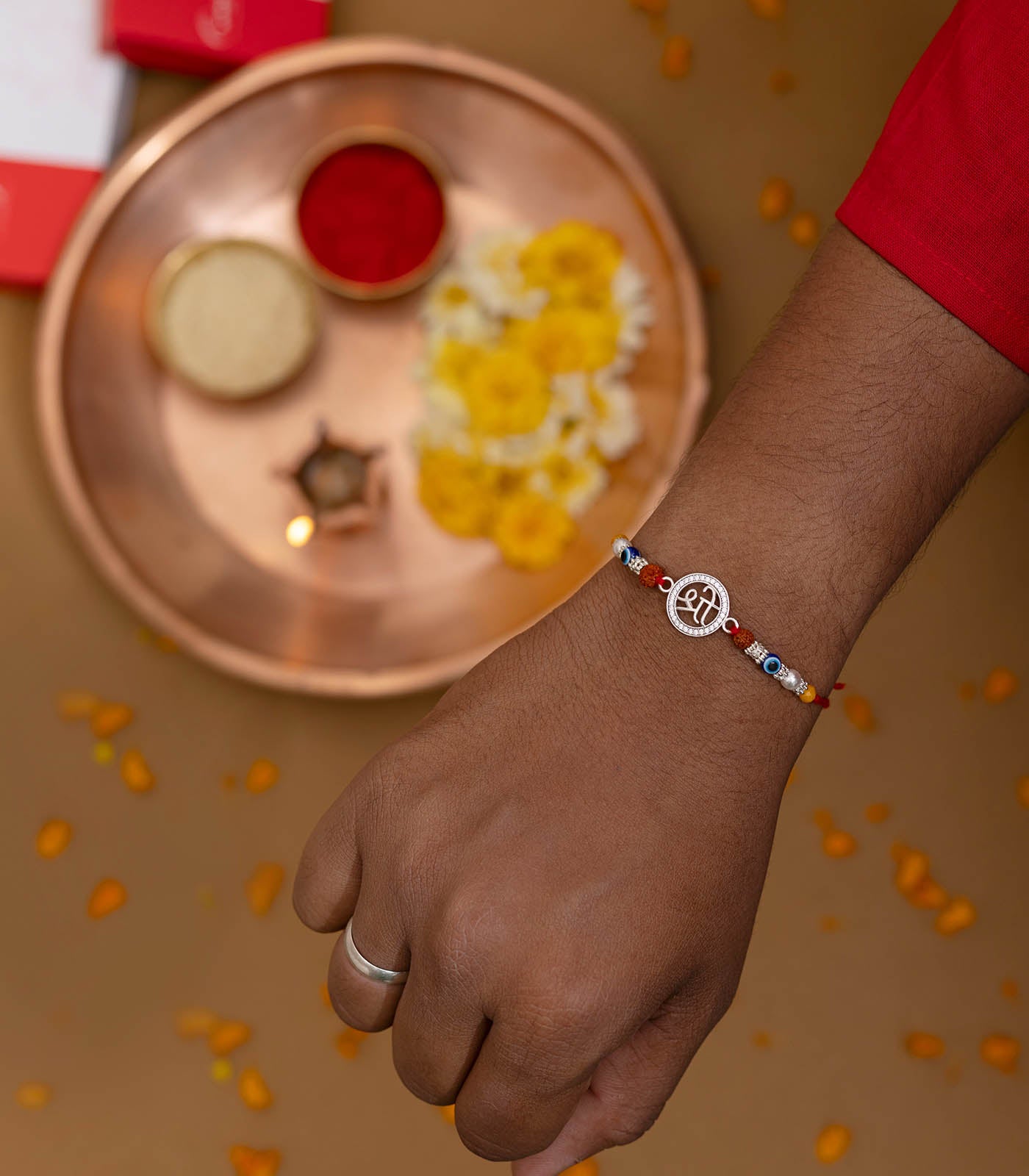 Silver Rudraksh Rakhi - Shri Text Design