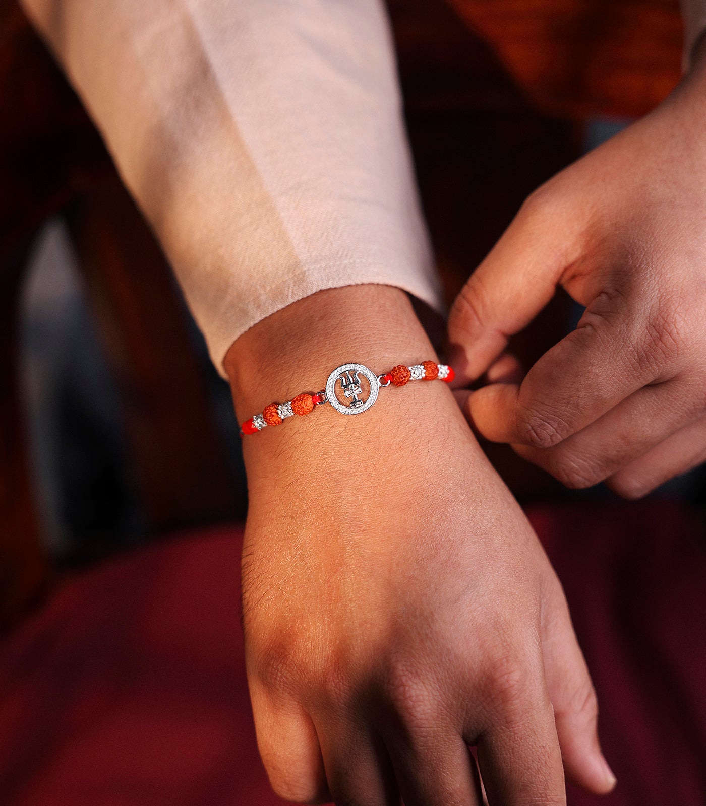 Silver Rudraksh Rakhi - Trishul & Damru Design