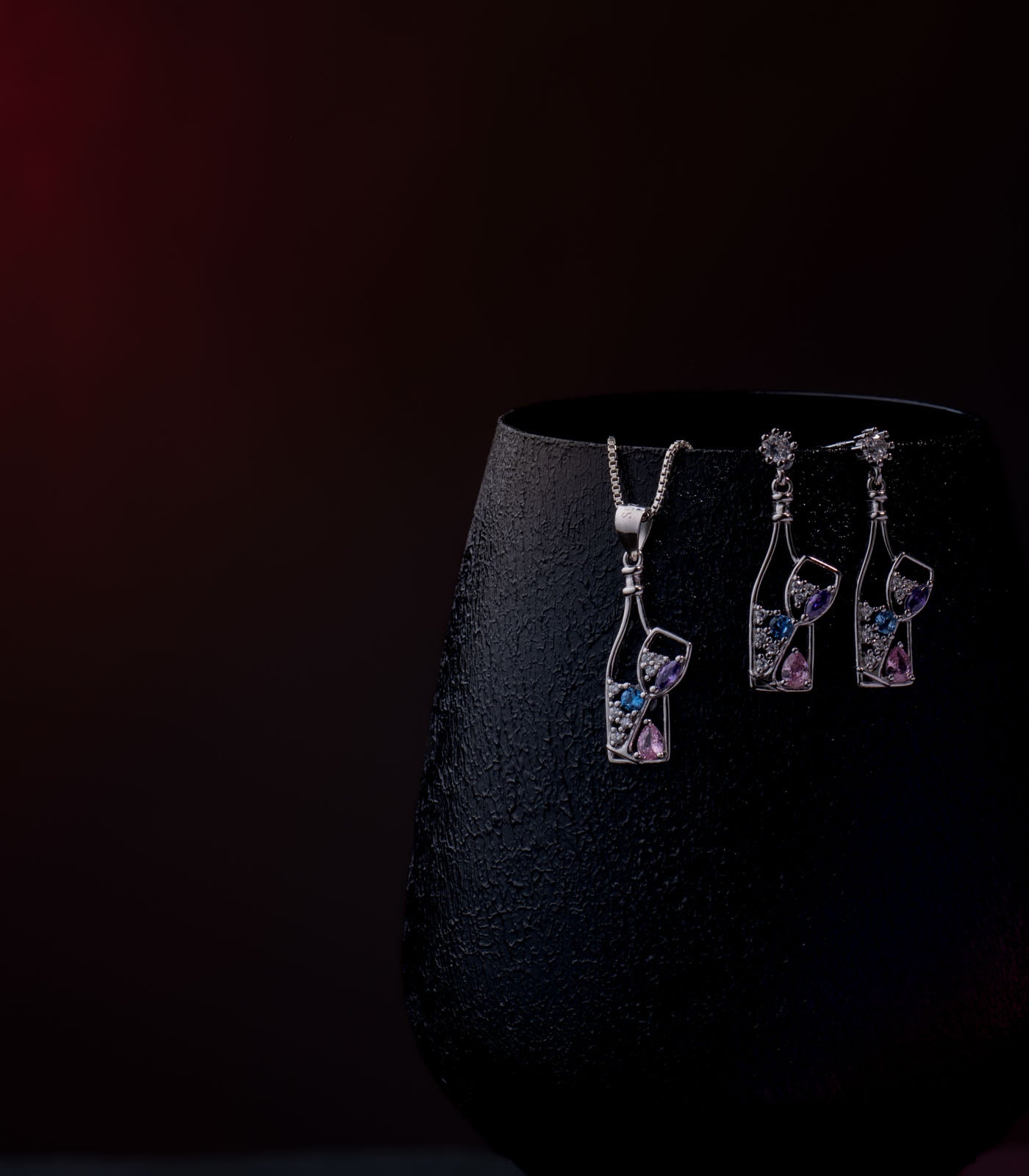 Wine Bottle and Glass Necklace Set (Silver)