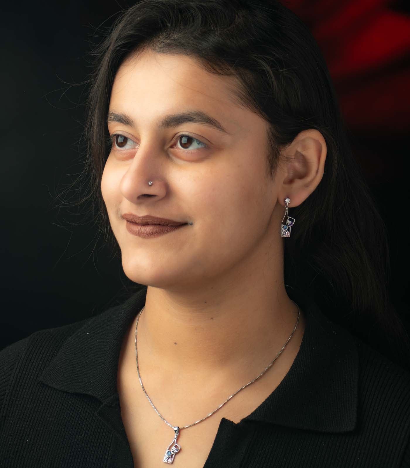 Wine Bottle and Glass Necklace Set (Silver)