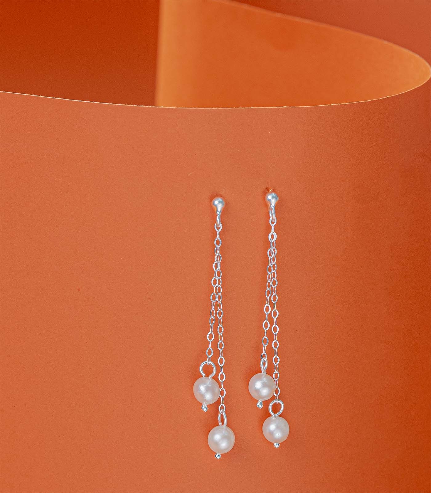 Dual Dangling Pearls Earrings (Silver)