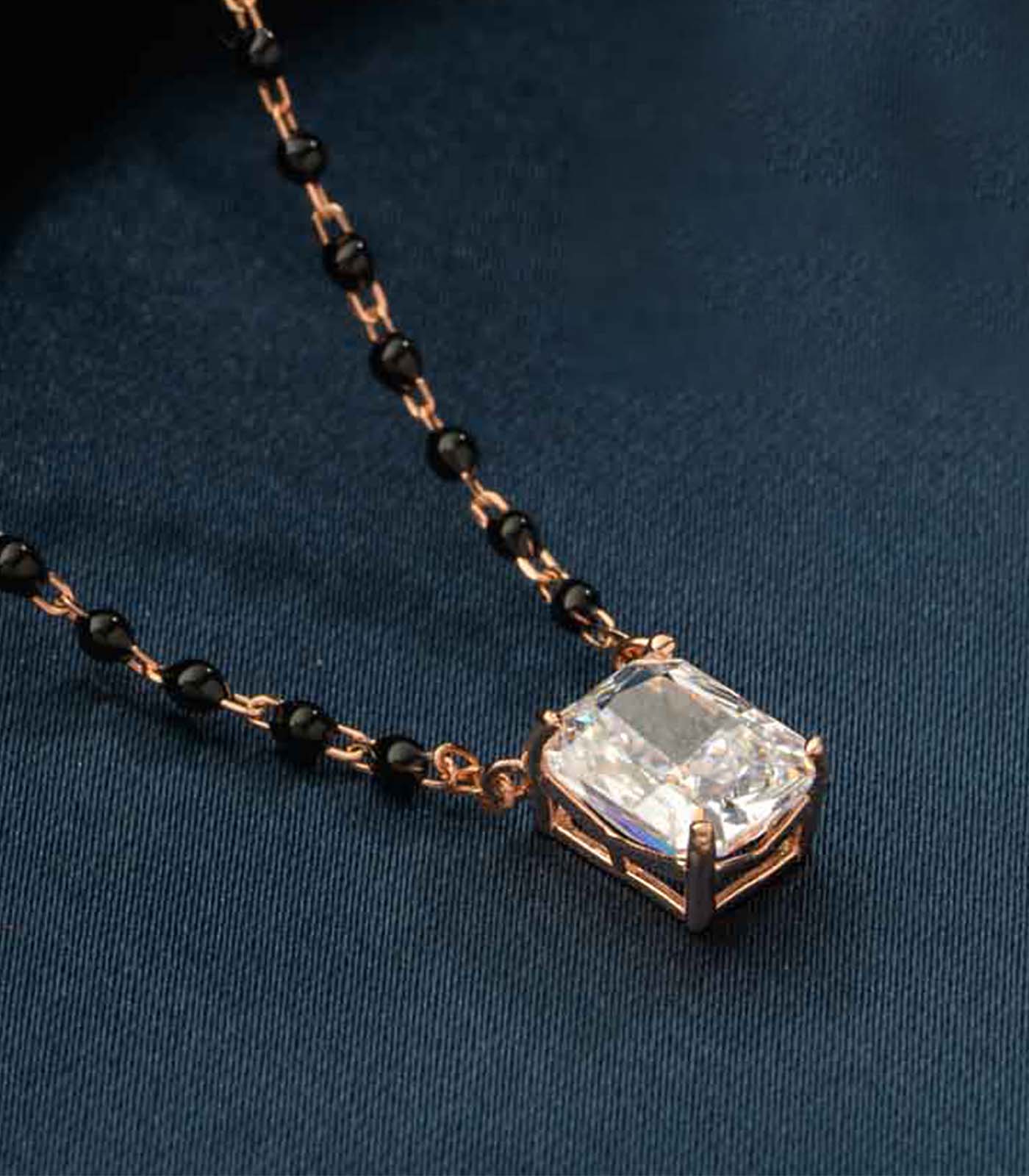 Rectangle Stone Rose Gold Polish Mangalsutra Pendant Set (Silver)