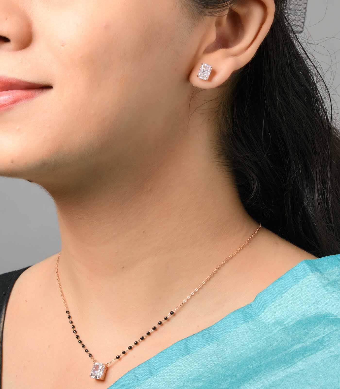 Rectangle Stone Rose Gold Polish Mangalsutra Pendant Set (Silver)