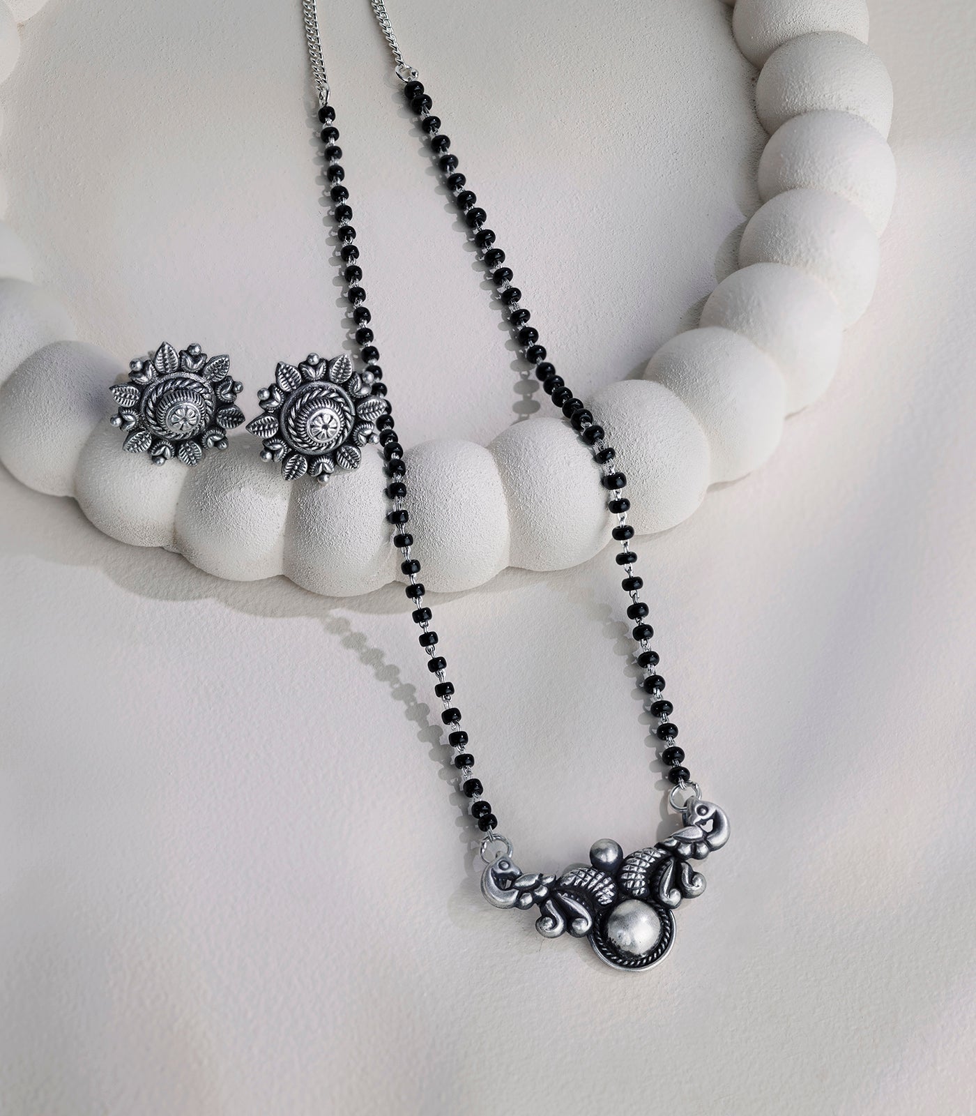 Floral Pearl Antique Mangalsutra Set (Silver)