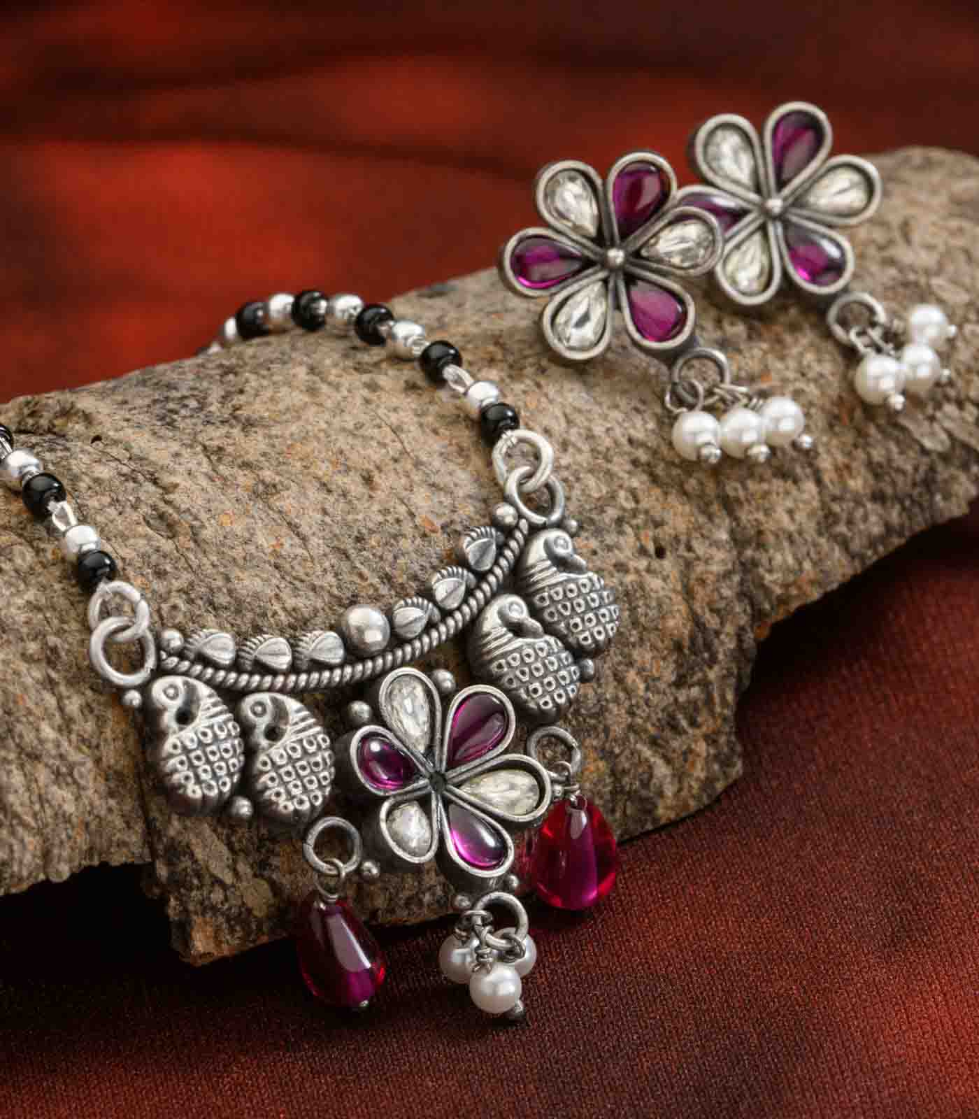 Purple Stone Floral Antique Mangalsutra Set (Silver)