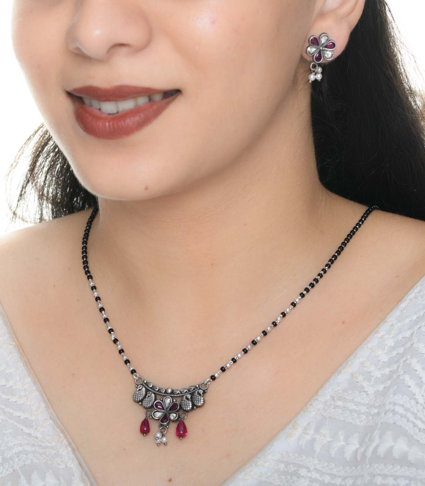 Purple Stone Floral Antique Mangalsutra Set (Silver)