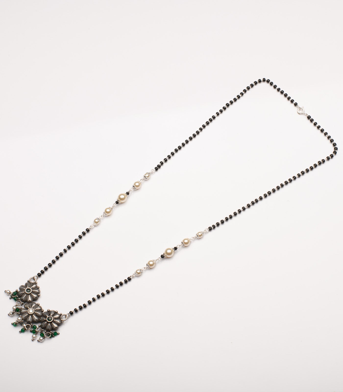 Green Stone Floral Antique Mangalsutra Set (Silver)