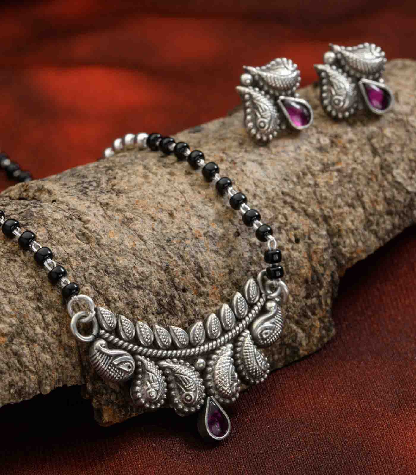 Violet Stone Swirl Antique Mangalsutra Set (Silver)