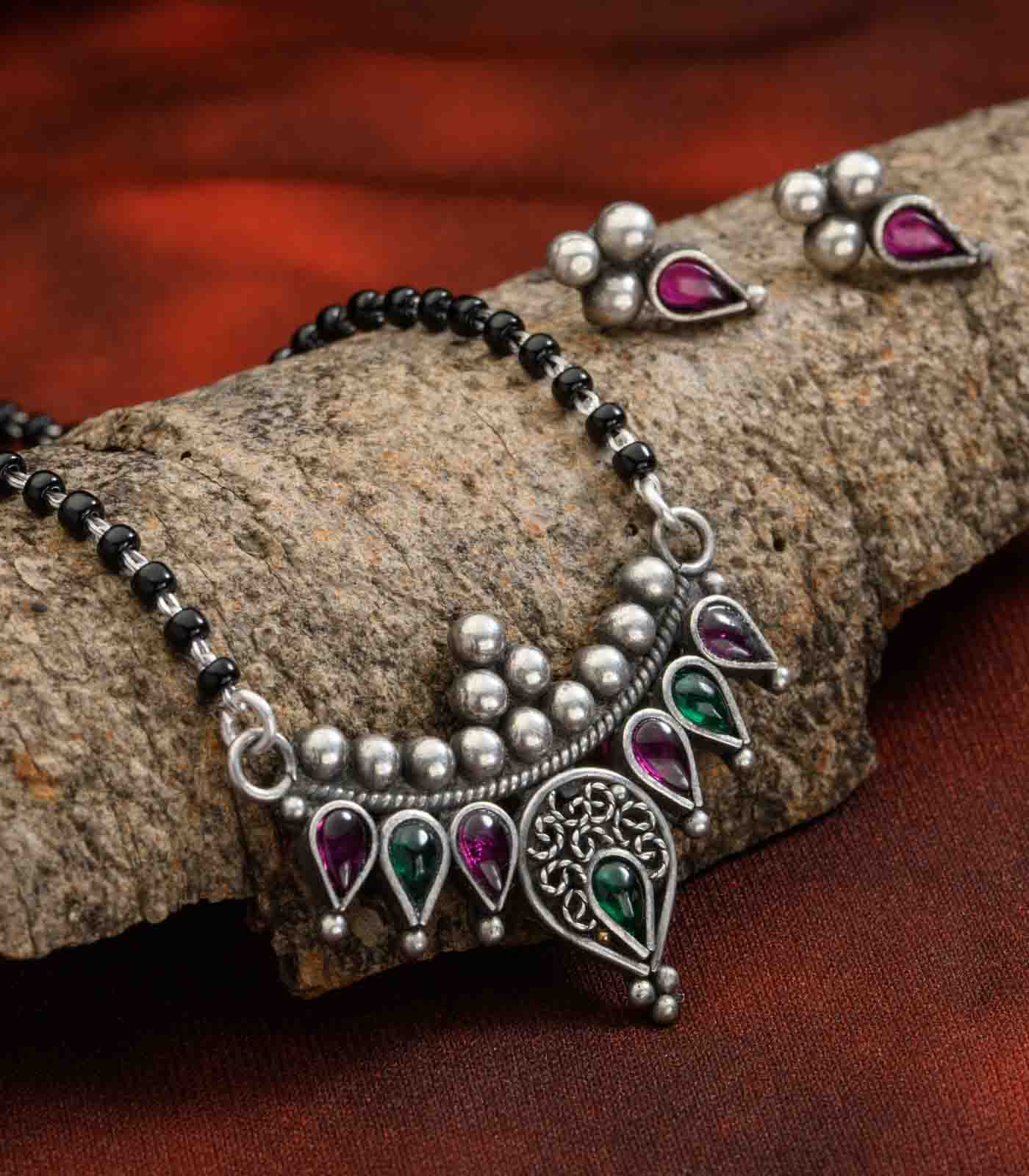 Dual Stone Antique Mangalsutra Set (Silver)