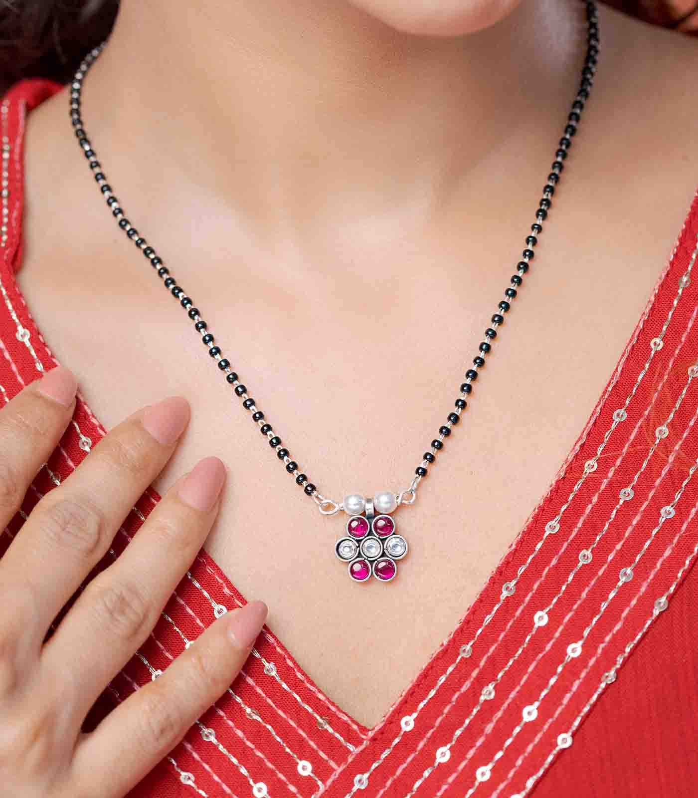 Multistone Floral Motif Antique Mangalsutra (Silver)