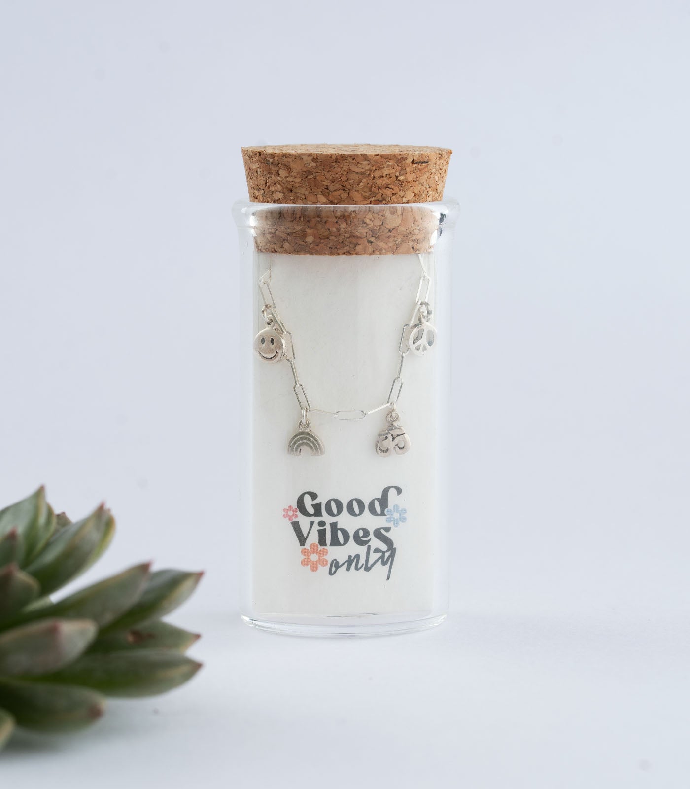 Smiley, Rainbow & Om Silver Necklace
