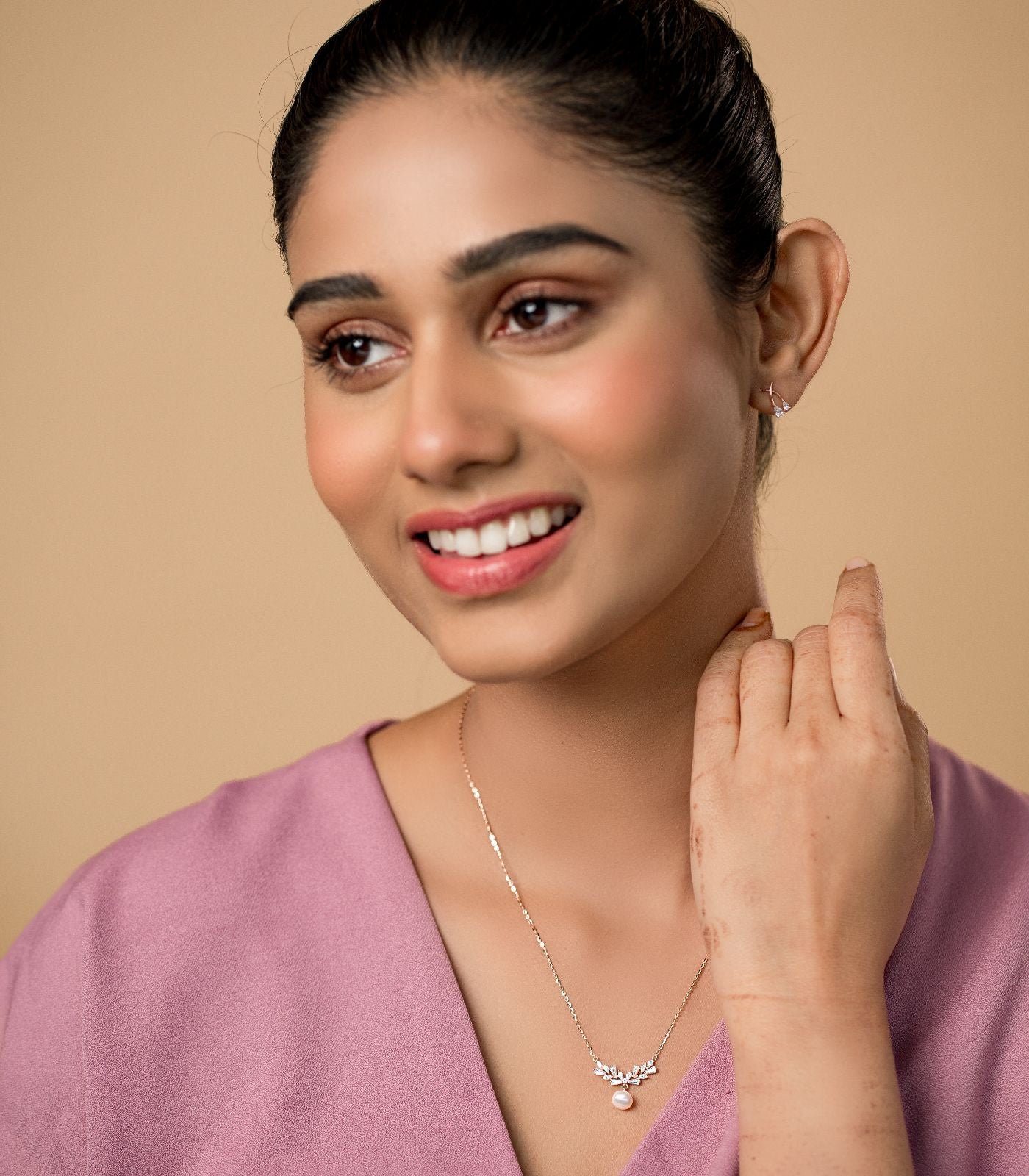 Dangling Bell And Pearl Gold Colour Necklace (Silver)