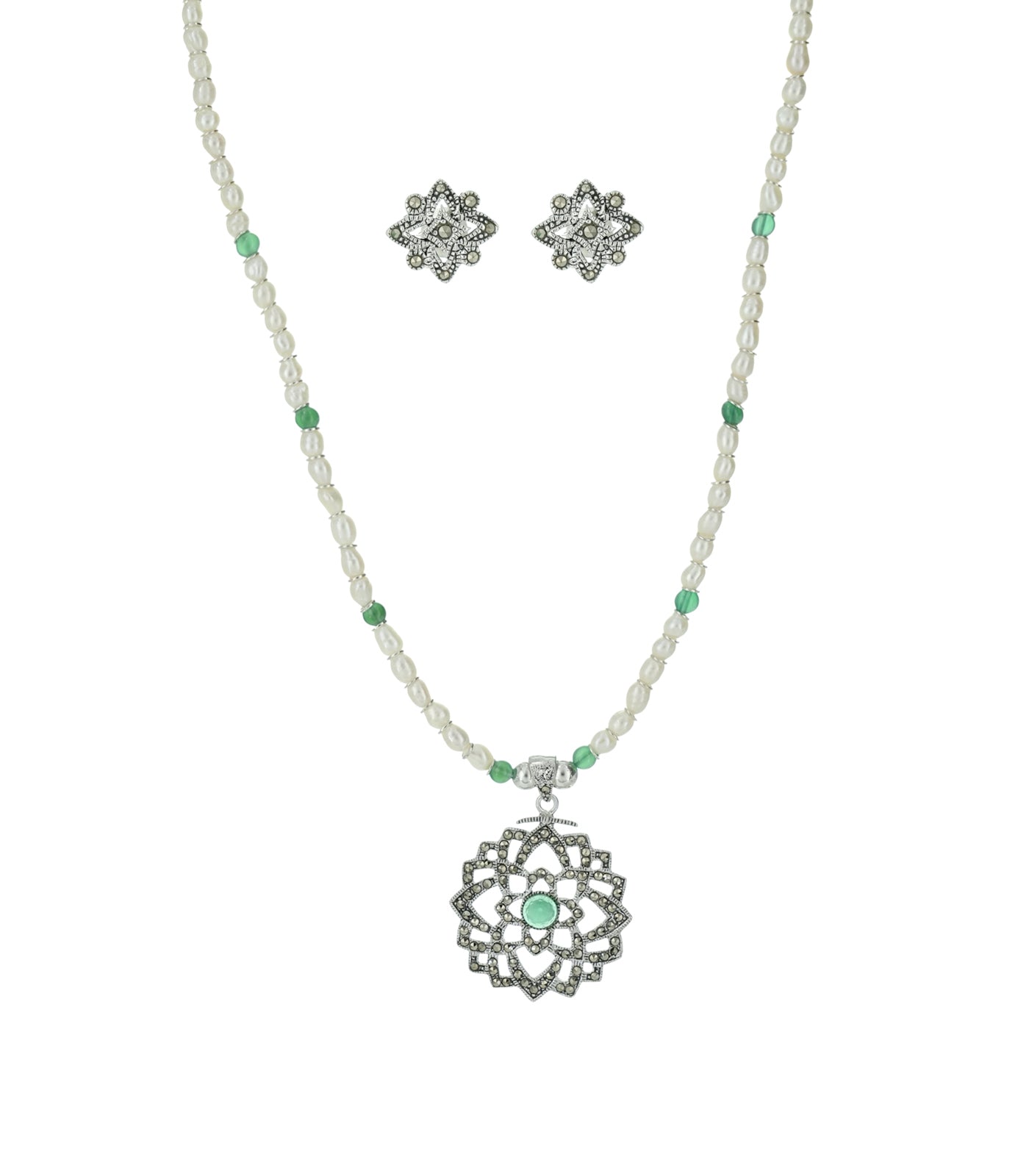 Marcasite With Green Stone Necklace SET (Silver)