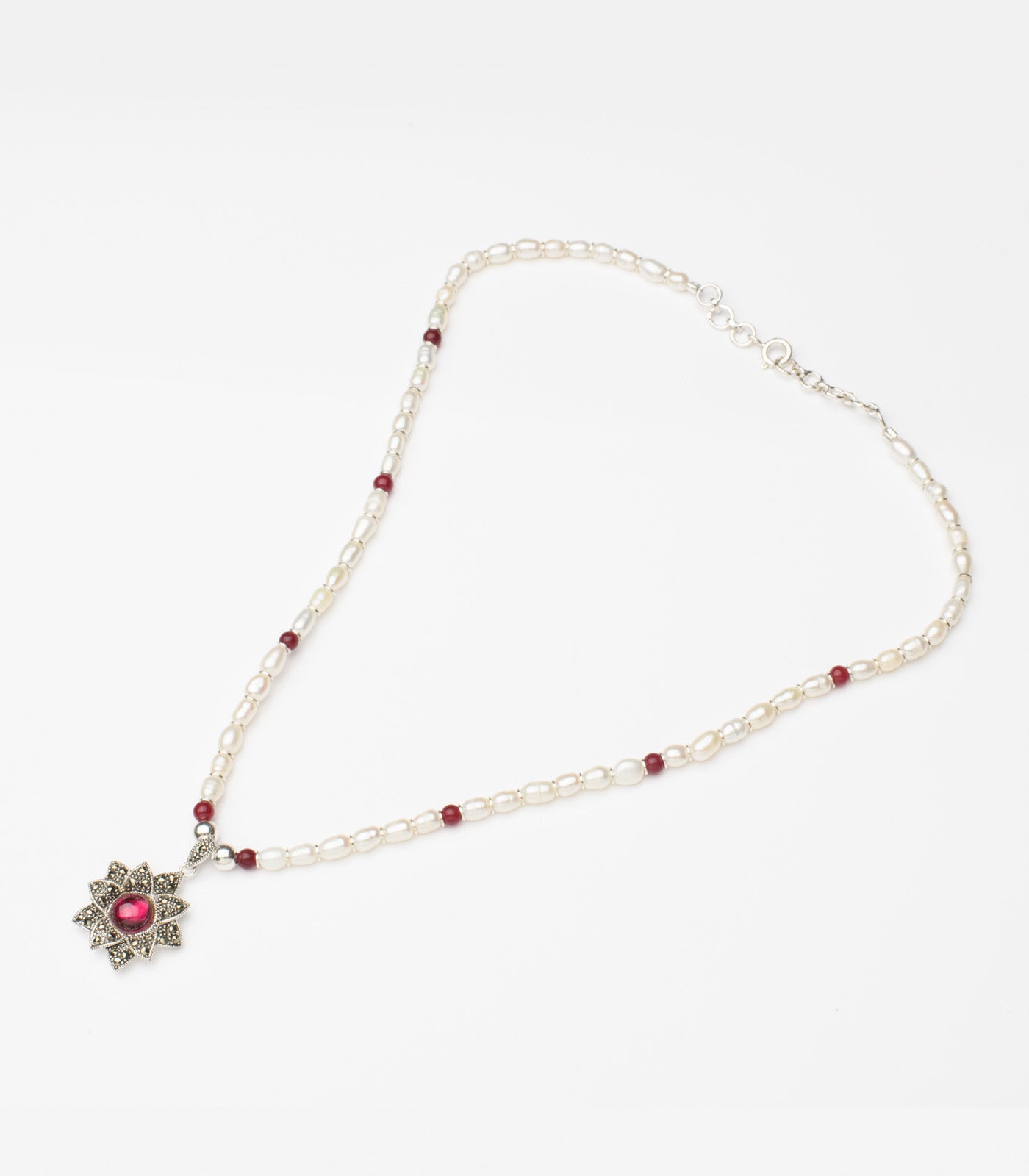 Marcasite With Red Stone Necklace SET (Silver)