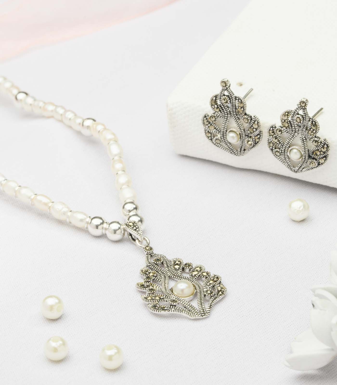 Marcasite With Pearl Necklace SET (Silver)