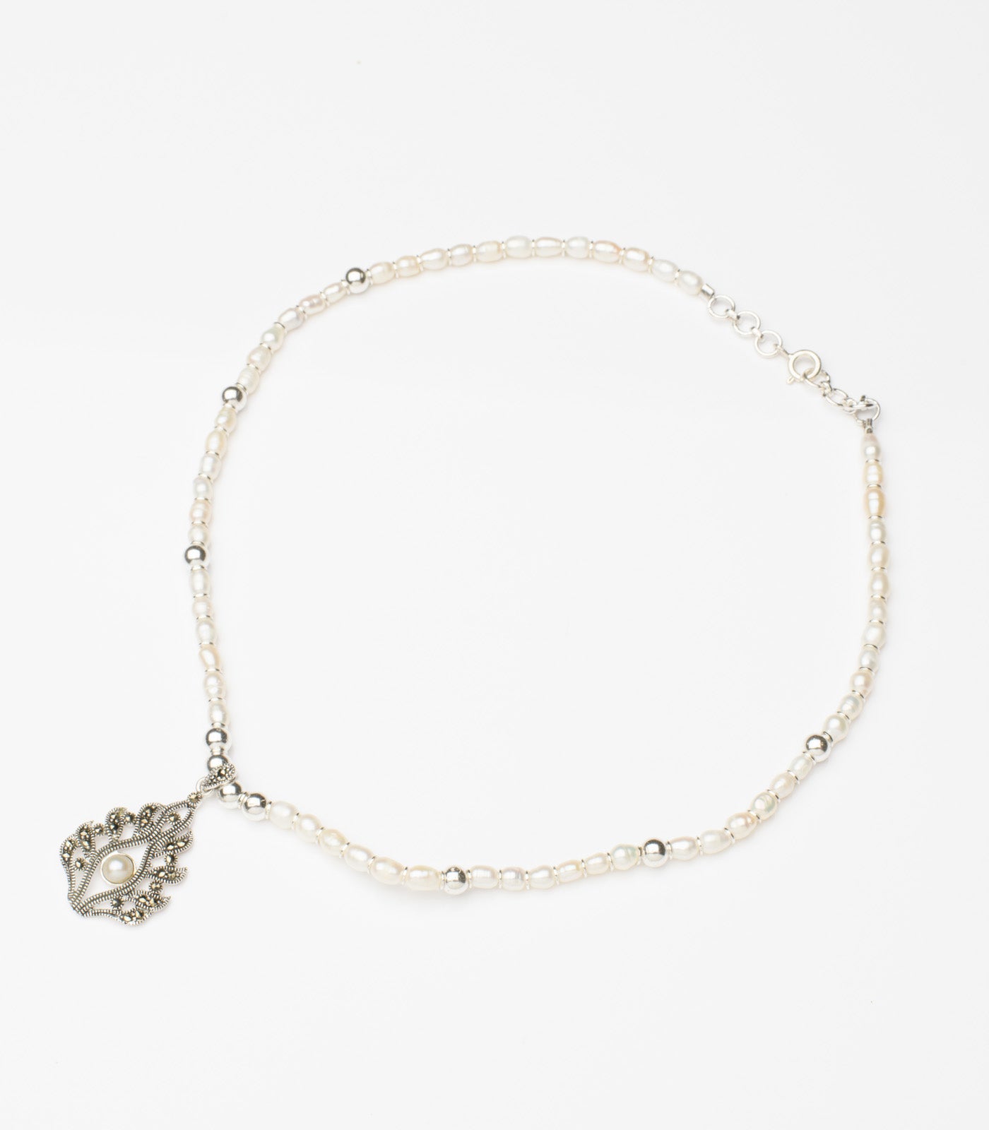 Marcasite With Pearl Necklace SET (Silver)