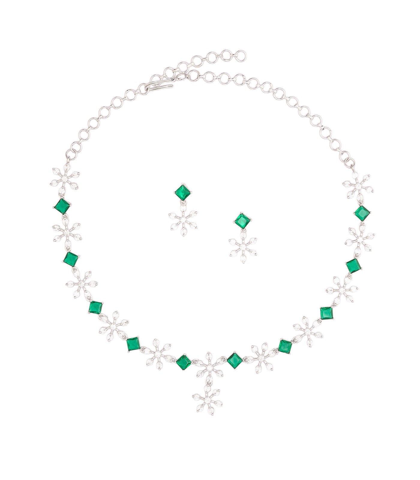 Green Stone Kudi Shaped Necklace Set (Silver)
