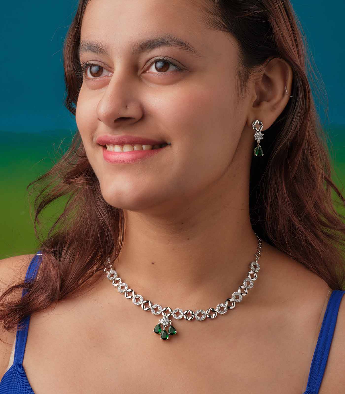 Green Stone Steller Grace Necklace Set (Silver)