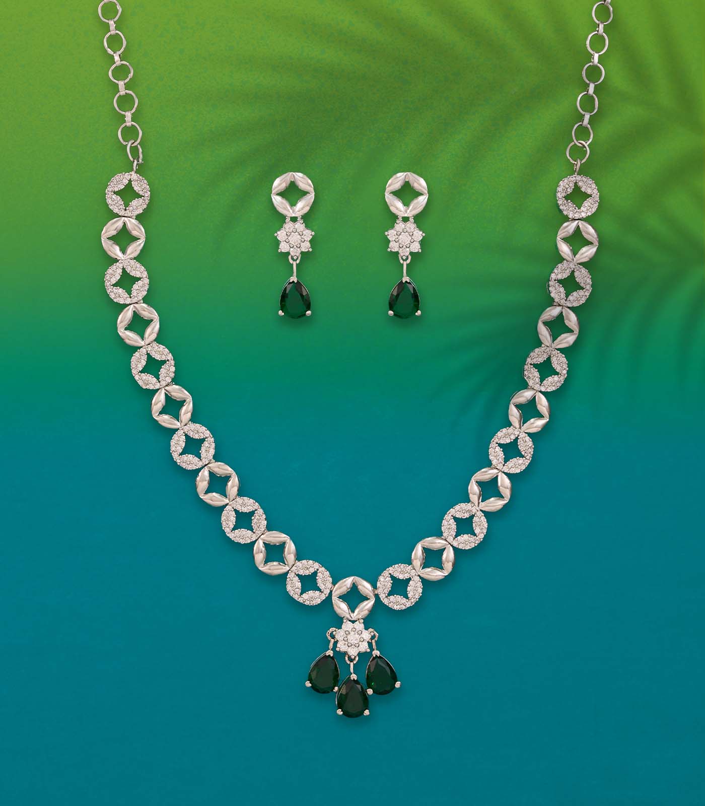 Green Stone Steller Grace Necklace Set (Silver)