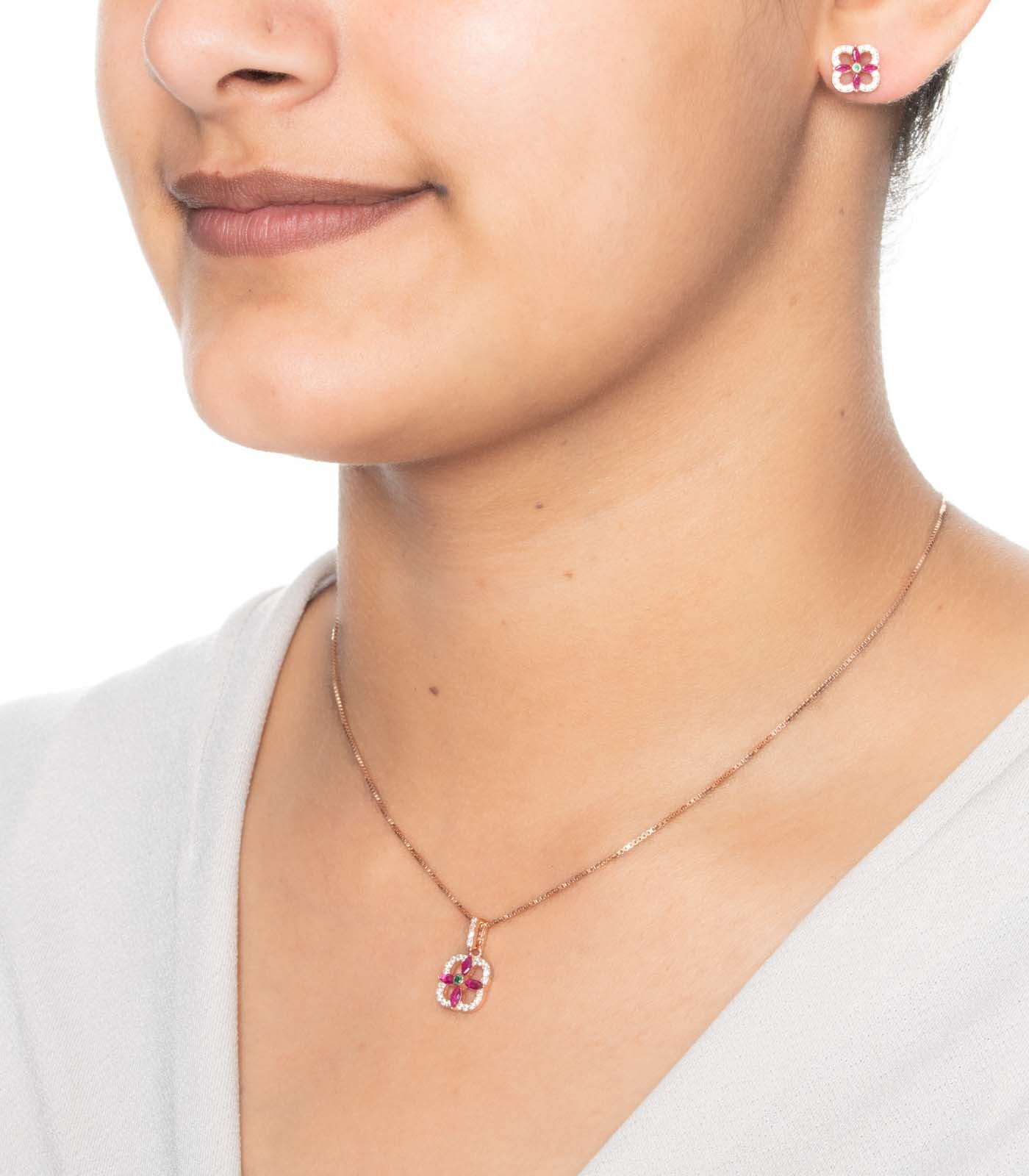 Floral Square Necklace Set (Silver)