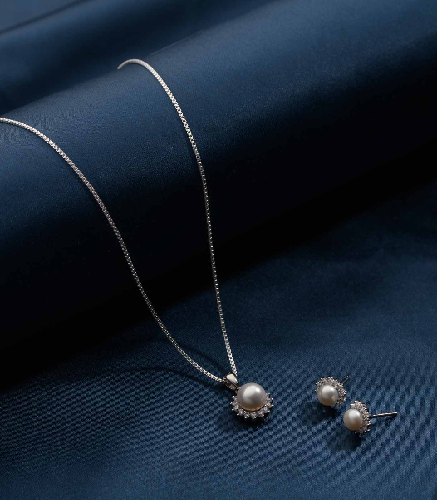 Floracion Pearl Necklace Set (Silver)