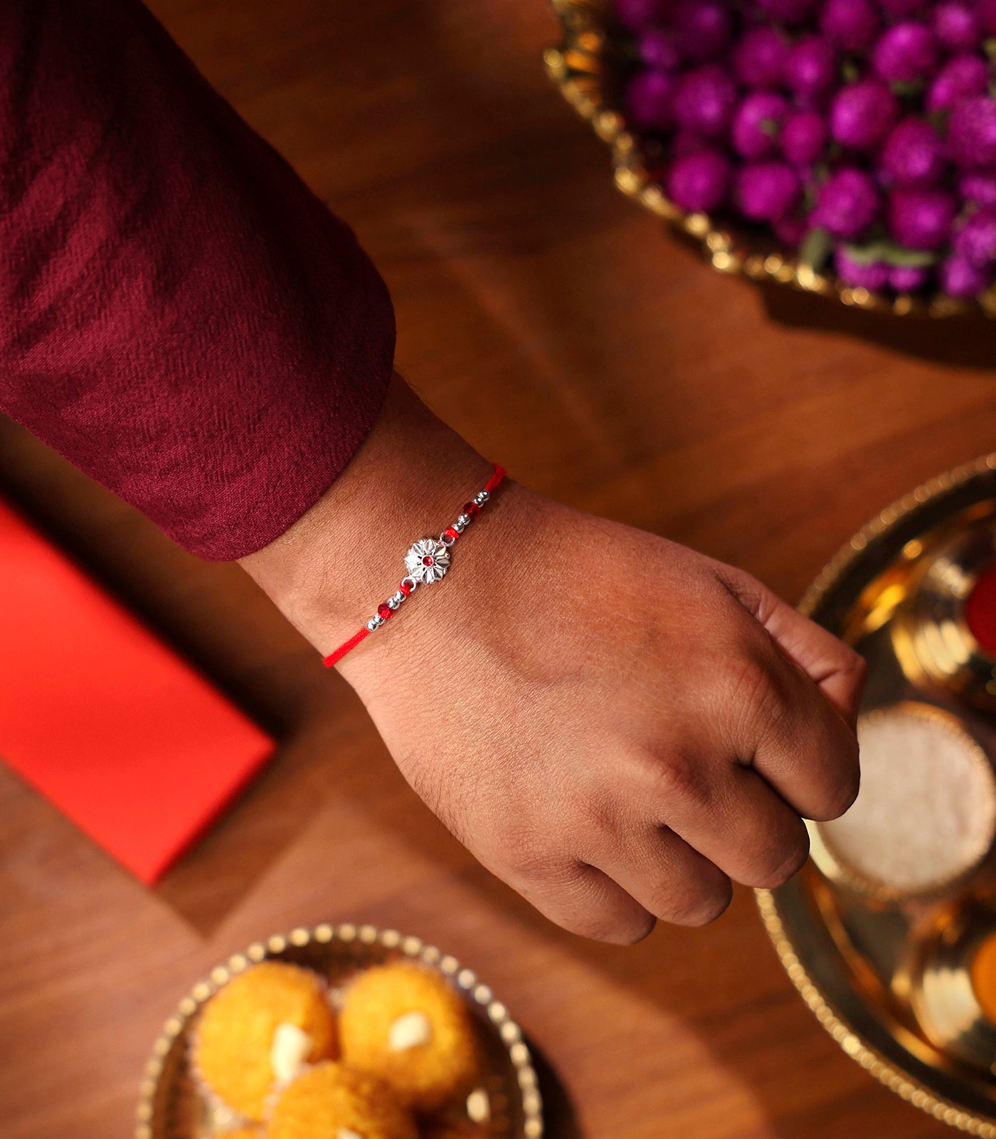 Radiant Red Petal Silver Rakhi