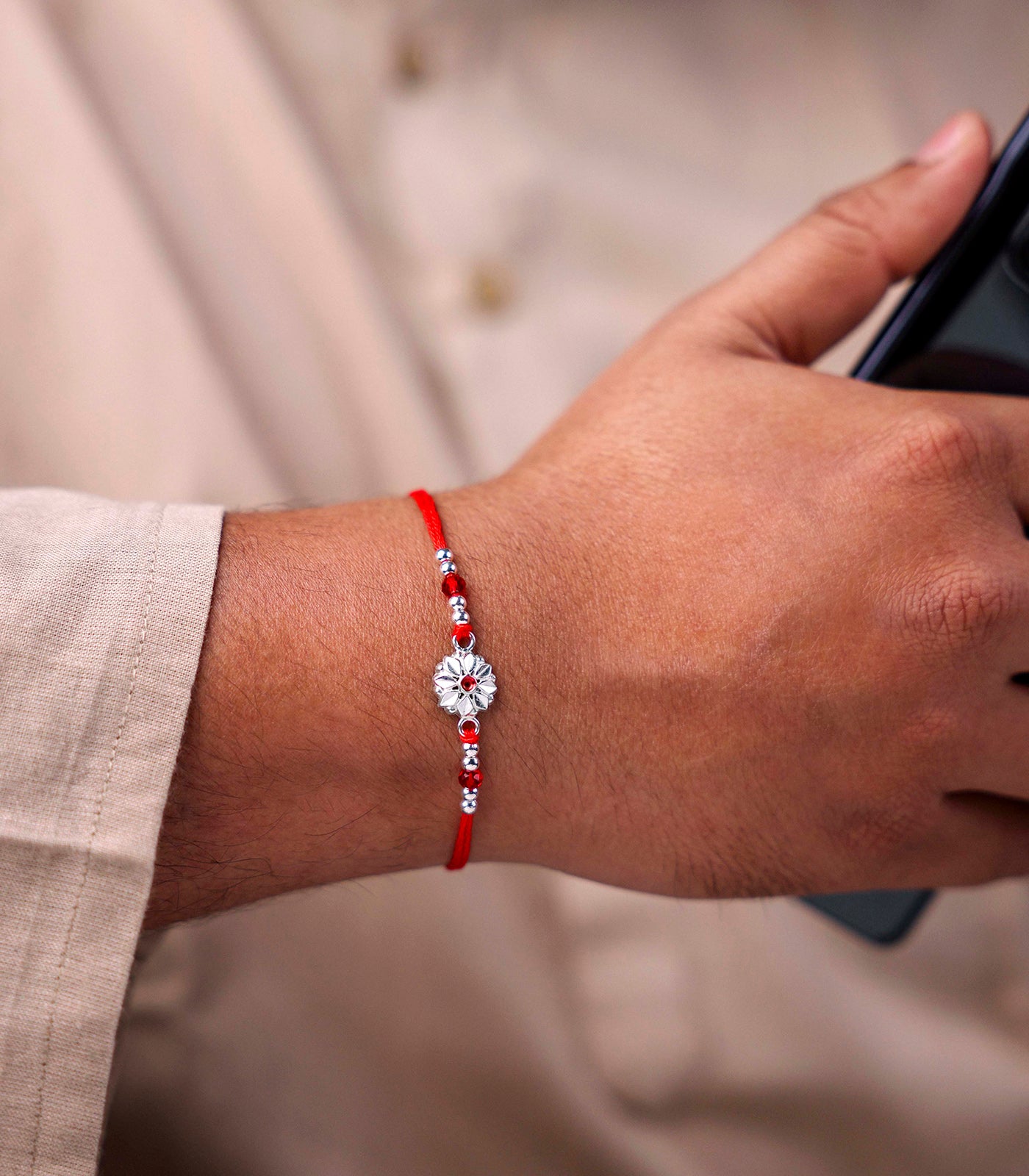 Radiant Red Petal Silver Rakhi