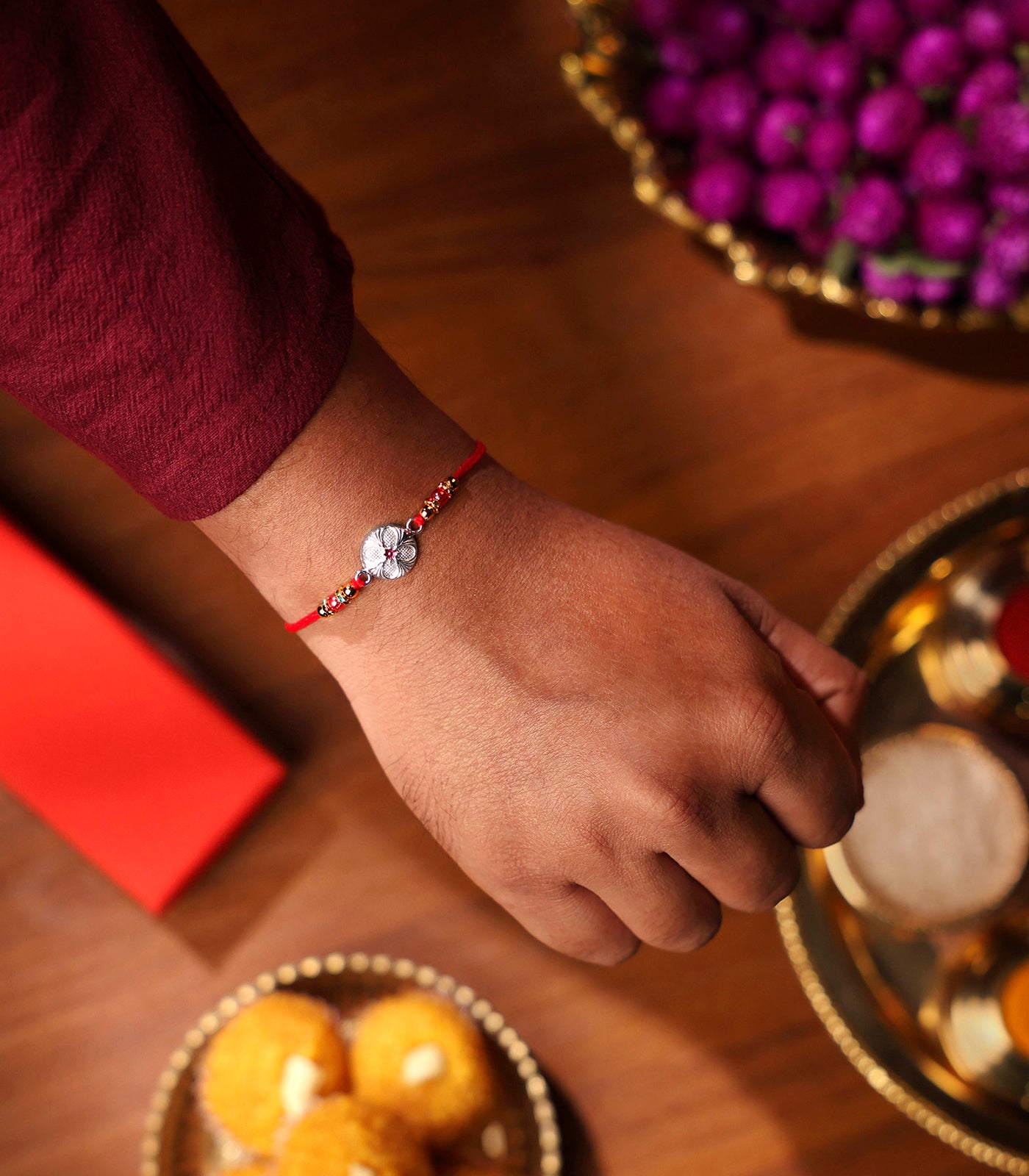 Intricate Floral Design Silver Rakhi