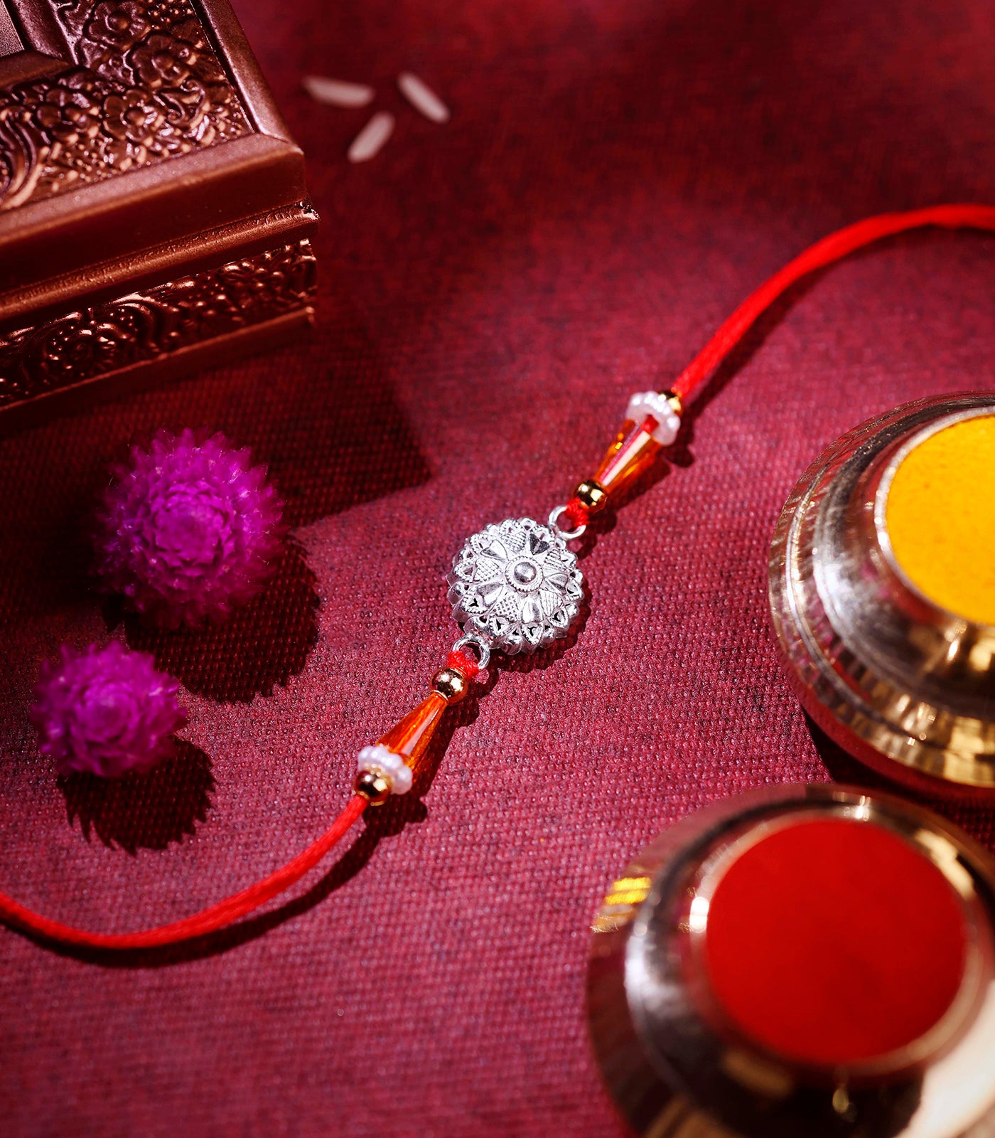 Silver Heart Shaped Petal Motif Rakhi