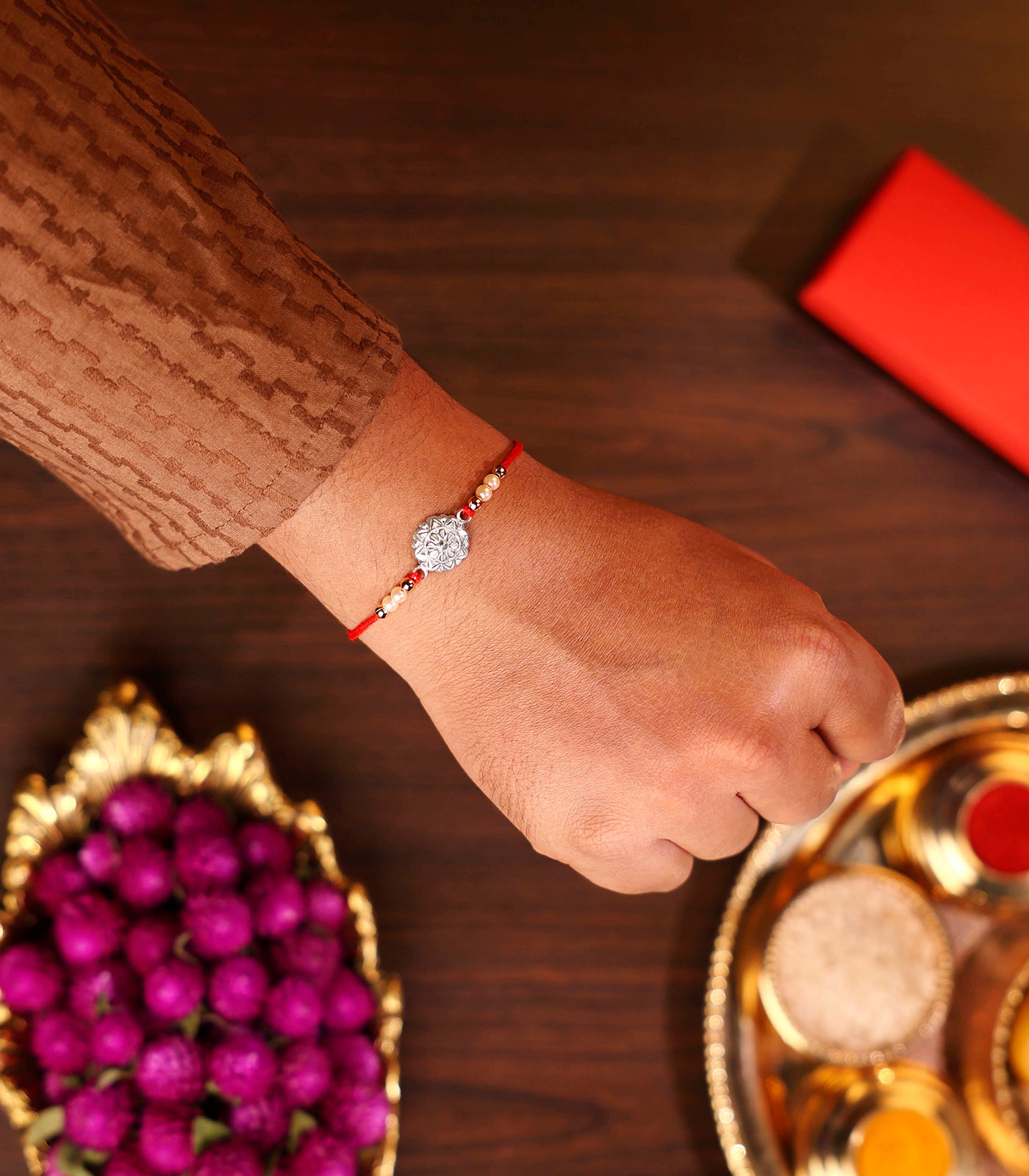 Silver Petal Motif Rakhi
