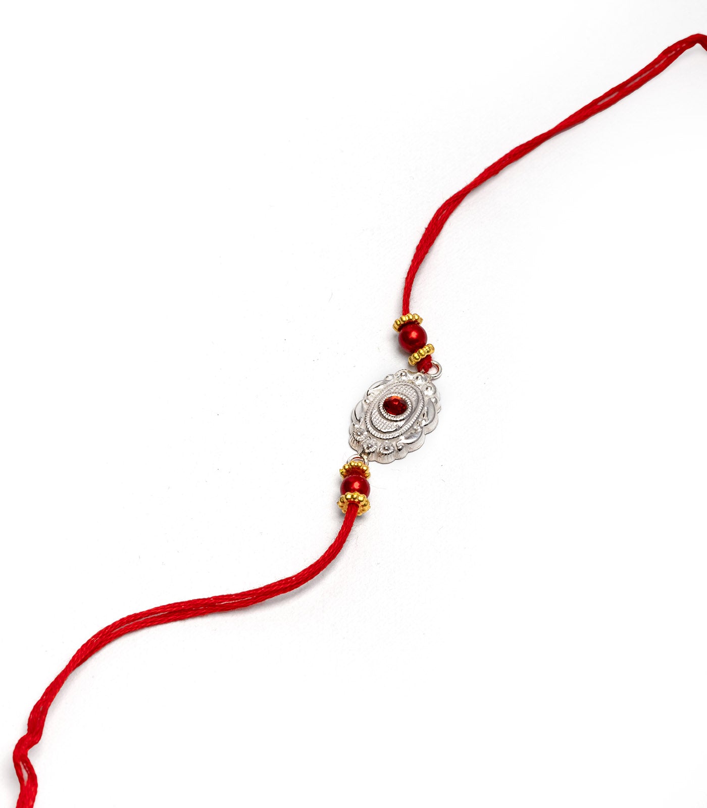 Silver Red Stone Oval Shaped Rakhi