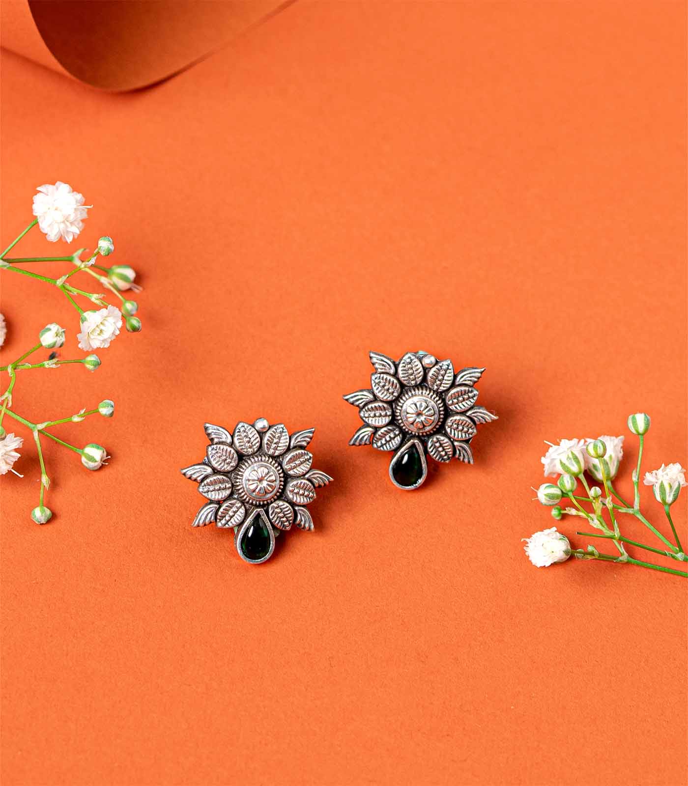 Green Stone Floral Leaves Bliss Oxidized Silver Tops