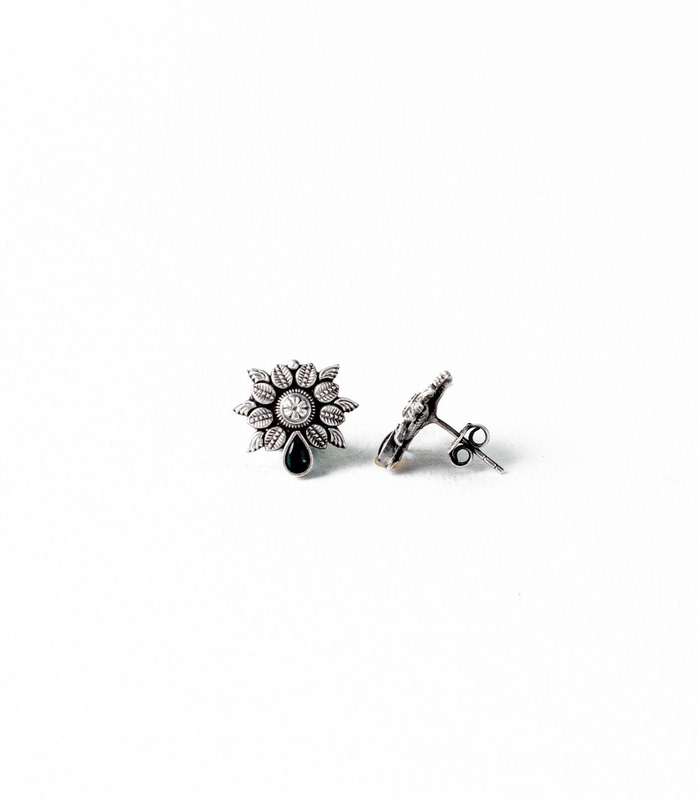 Green Stone Floral Leaves Bliss Oxidized Silver Tops