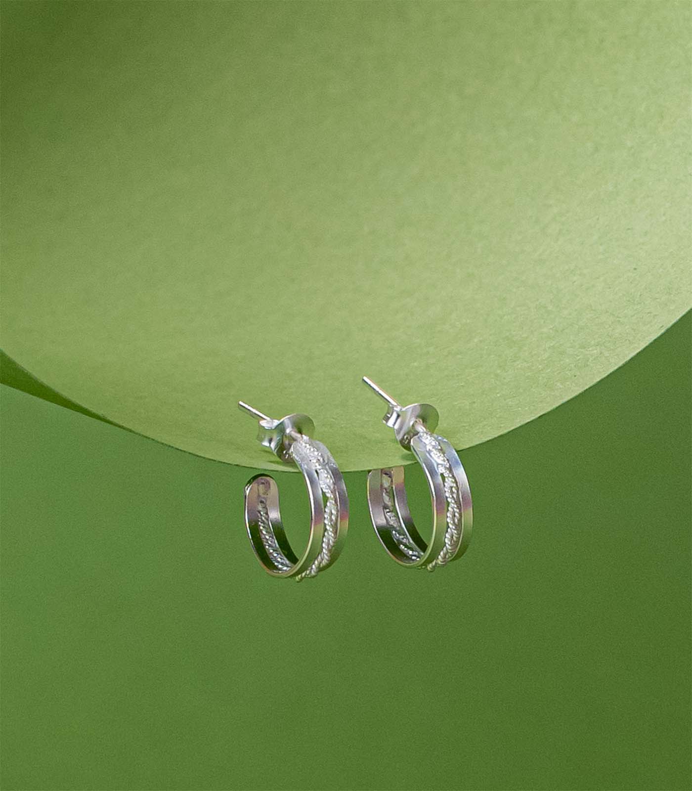 Classic Dual Textured Hoops Silver Earrings