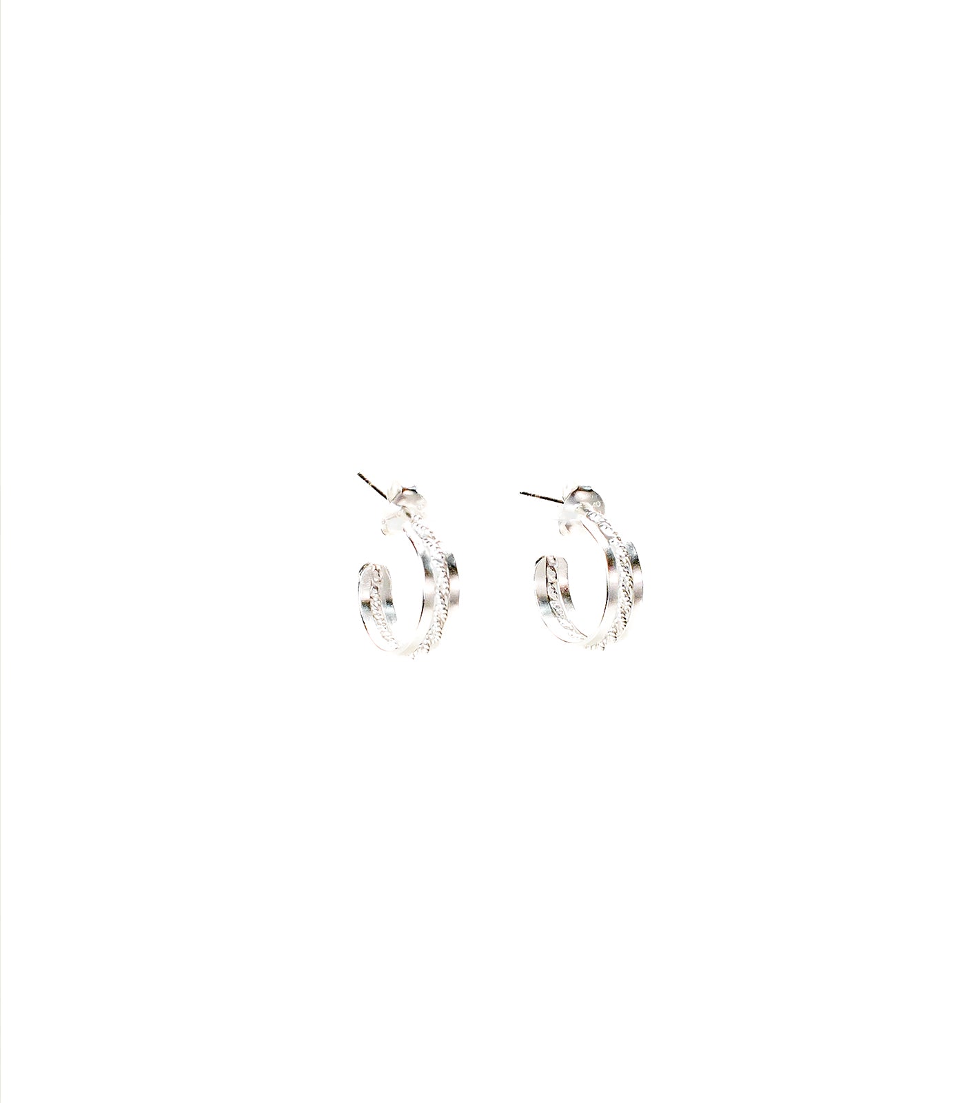 Classic Dual Textured Hoops Silver Earrings